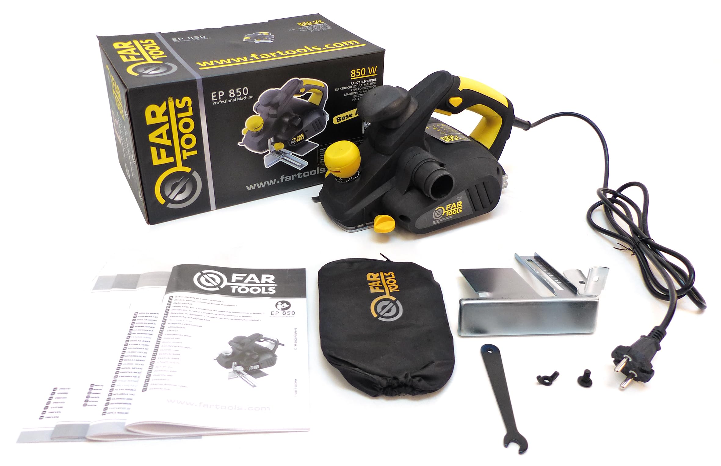 Fartools Rabot Electrique 850W 82x3mm fonction feuillure 12mm, vitesse 16500tr/min, chanfreinage, précision d'ajustement profondeur 0,2mm