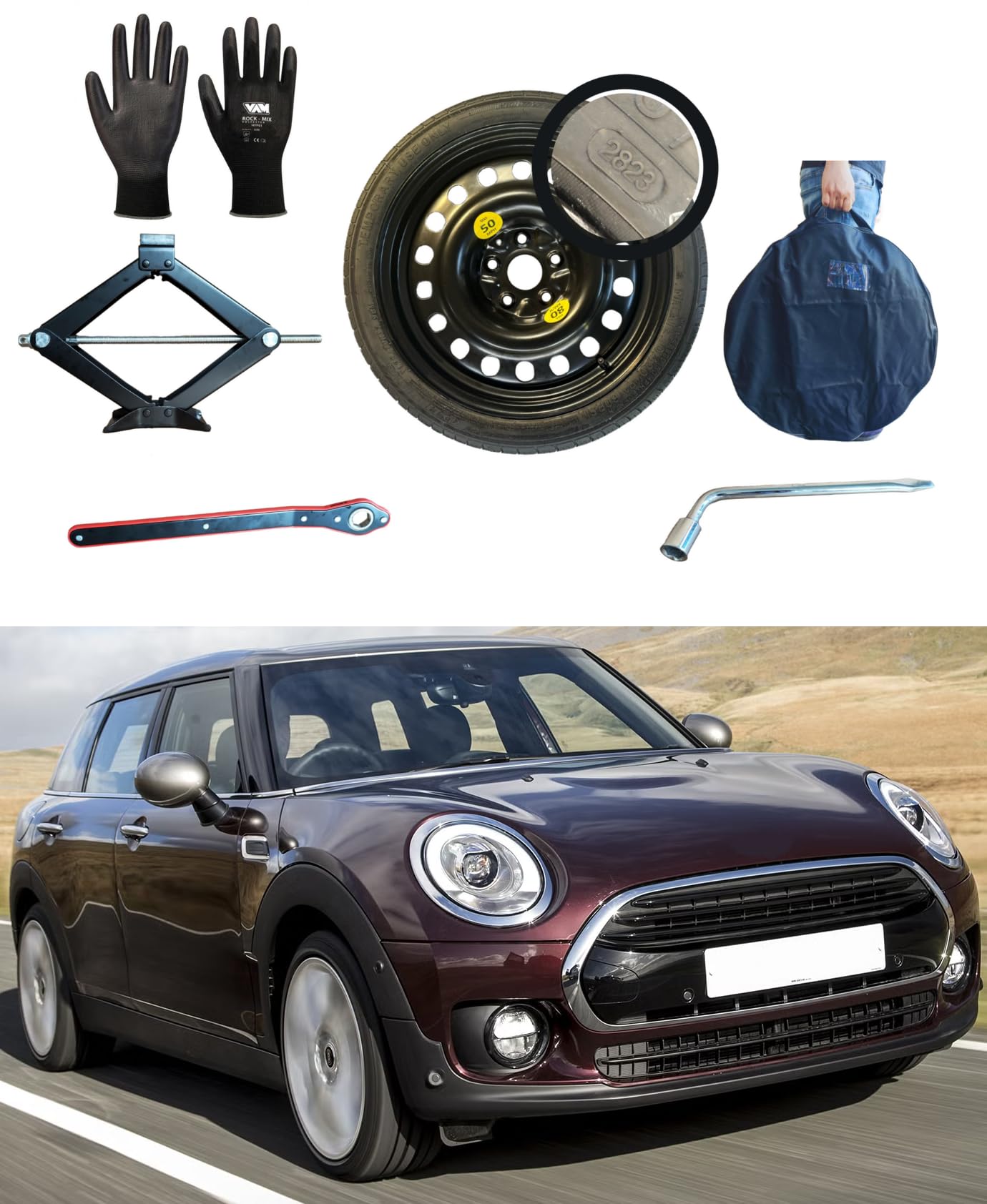Kit de Roue de Secours 17" compatible avec Mini Clubman Cooper D/S/SD F54 avec Cric, Clé, Gants et Sac