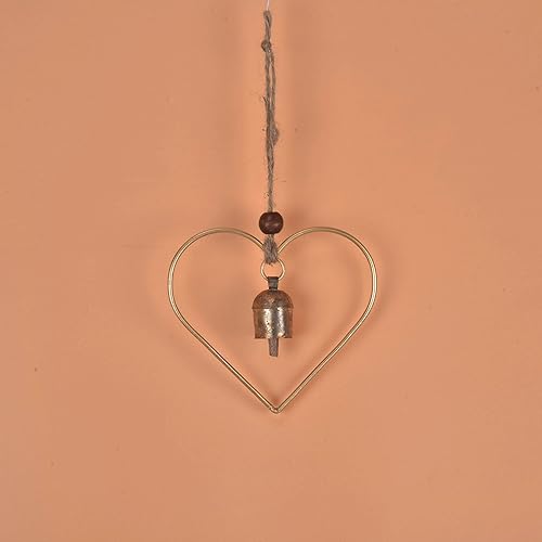 Miniatura 6 de Campana colgante en forma de corazón de metal para decoración al aire libre - Campana de viento dorada rústica con - Campana decorativa de jardín