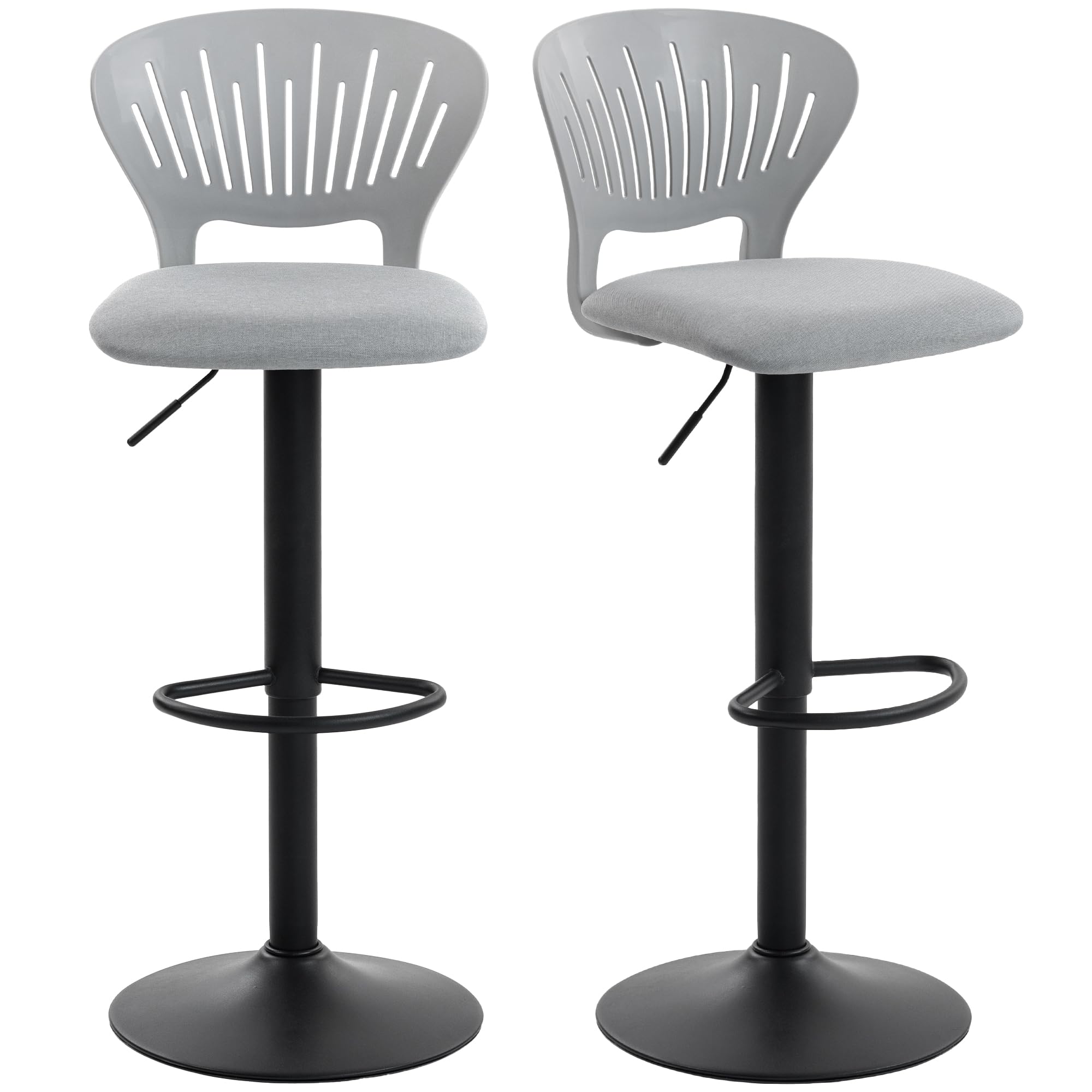 HOMCOM Set of 2 High Kitchen Stools 360° Swivel Height Adjustable Bar Stools 84 – 105 cm, Hollow Back, Footrest for Dining Room, Counter, Grey