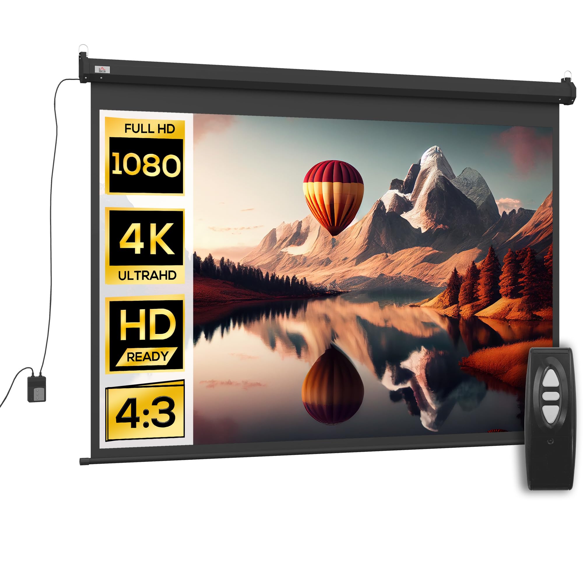 HOMCOM Telo Proiettore Motorizzato da 100 Pollici 4K HD Formato 4:3, Schermo Proiettore Motorizzato Elettrico Antirughe con Telecomando, Telo Videoproiettore per Casa, Cinema, Ufficio, Home, Nero