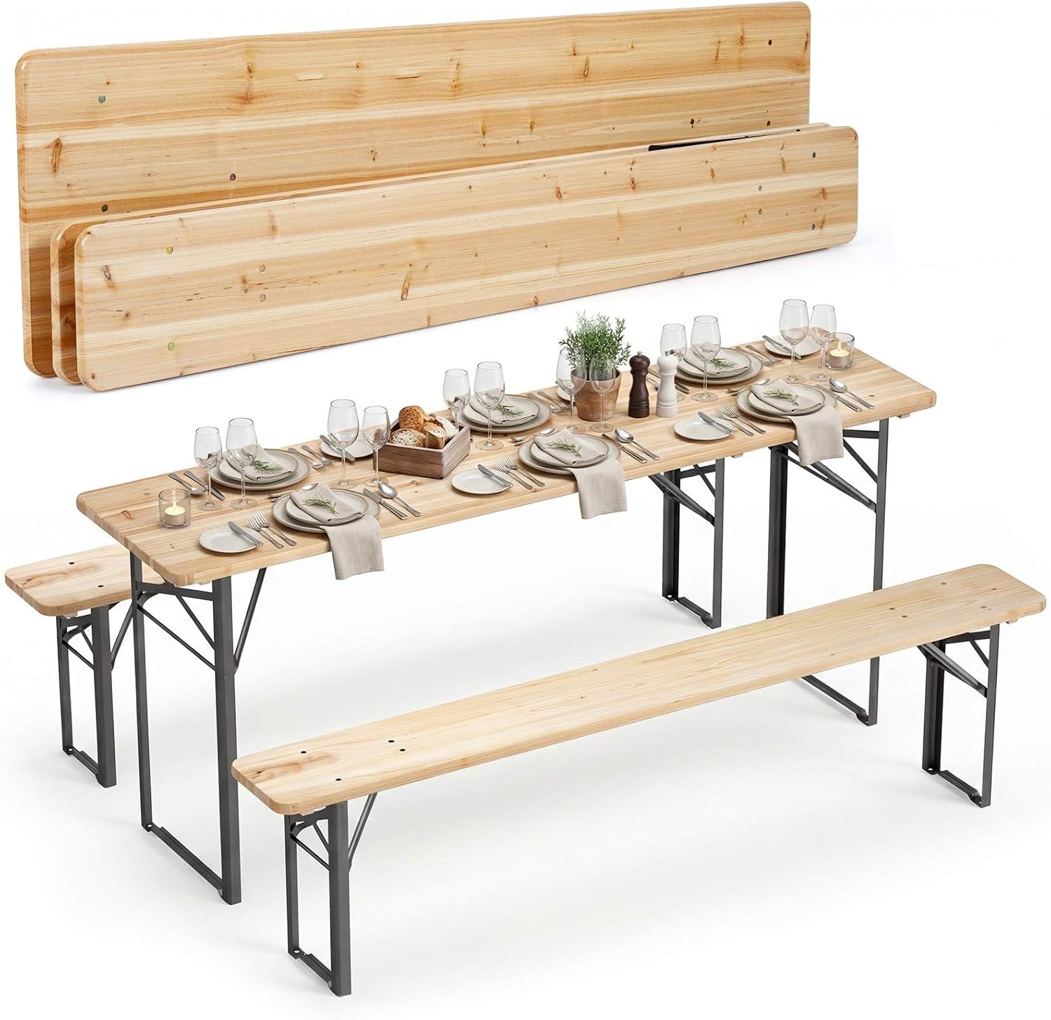 Costway 177 CM Folding Picnic Table with 2 Benches, 3-Piece Solid Fir Wood Camping Beer Table Bench Set with Metal Frame for 6 People, Portable Outdoor Dining Furniture Set for Patio Garden Backyard