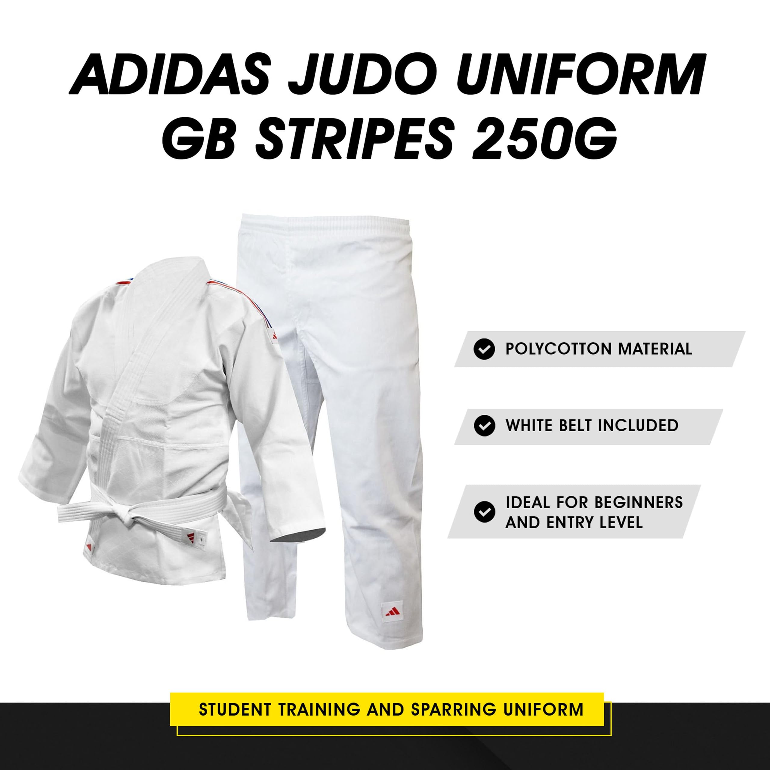 adidas Judo-Gi für Männer, Frauen und Kinder, perfekt für Training und Sparring, leichte Kampfsport-Uniform, weißer Gürtel inklusive, 250 g (Größen 110–160 cm)