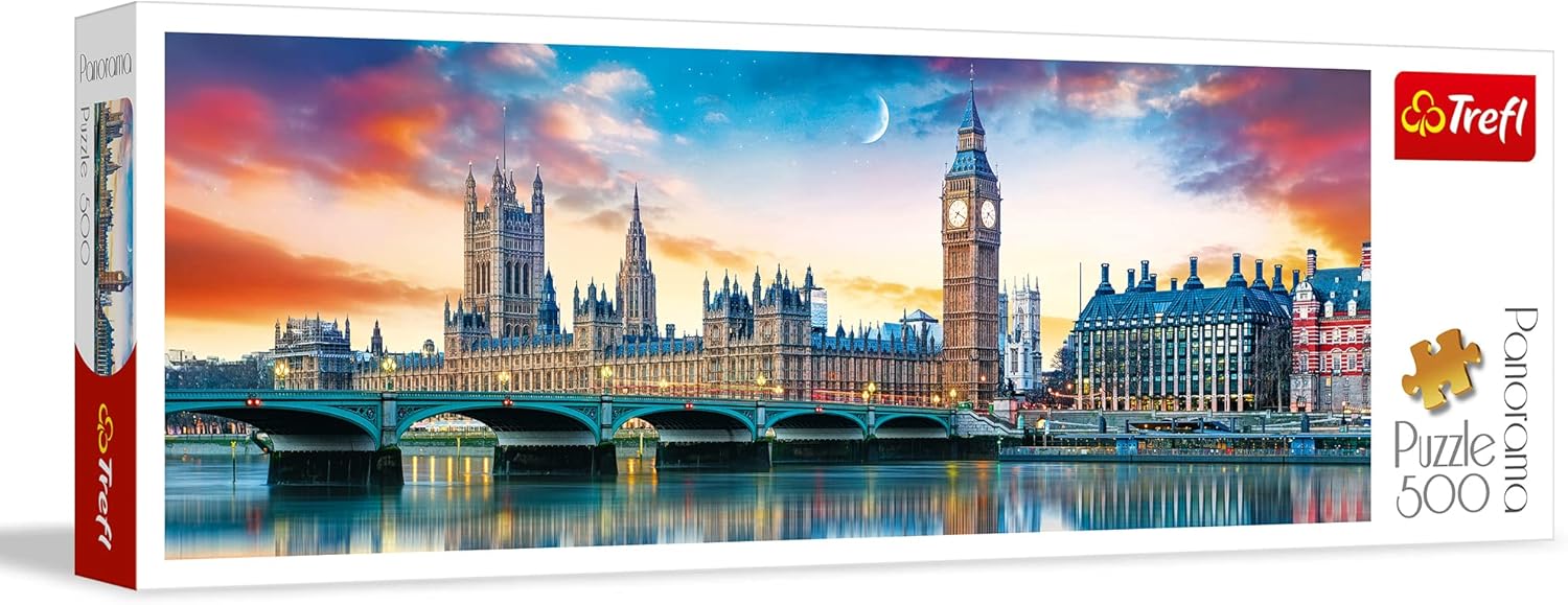 Trefl Panorama Big Ben and Palace of Westminster, London 500 Piece Jigsaw Puzzle Red 26"x9" Print, DIY Puzzle, Creative Fun, Classic Puzzle for Adults and Children from 10 Years Old
