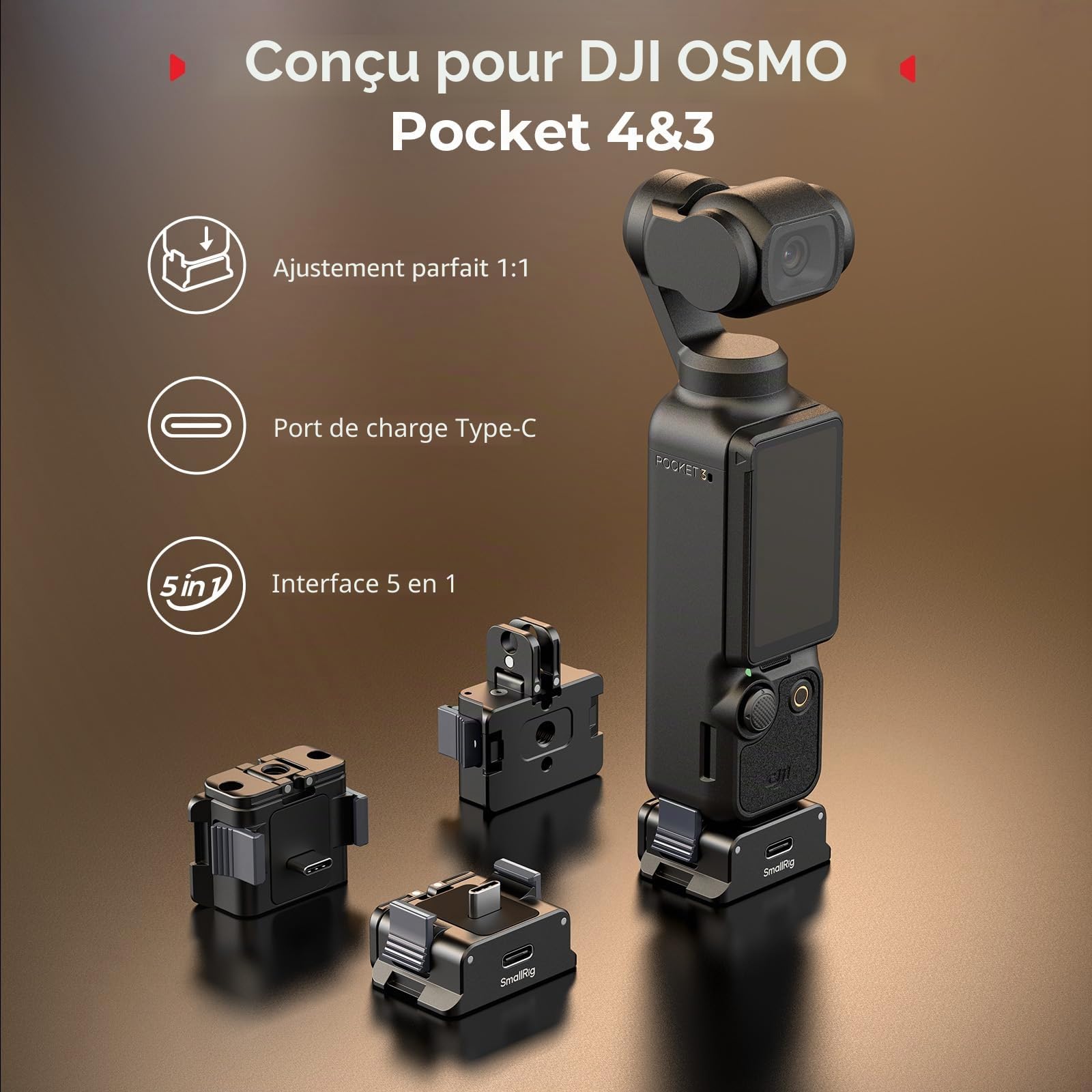 SMALLRIG Adaptateur de Charge pour DJI Osmo Pocket 4/3, Station de Charge de Bureau en Aluminium de Type C avec Trou de Vis de 6,35 mm et Support Pliable à Deux Griffes pour Trépieds/Perches à Selfie