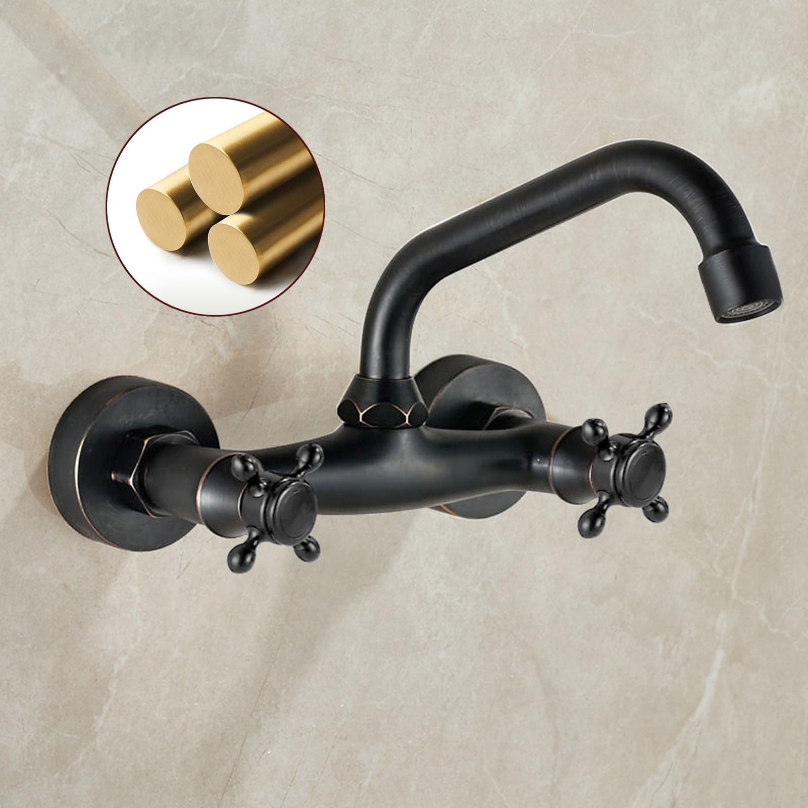BiaoTeng Grifo Pared Lavabo Vintage con Dos Mandos en Cruz Giratorio 360 agua Fría y Caliente Laton Grifo Lavabo Negro Retro