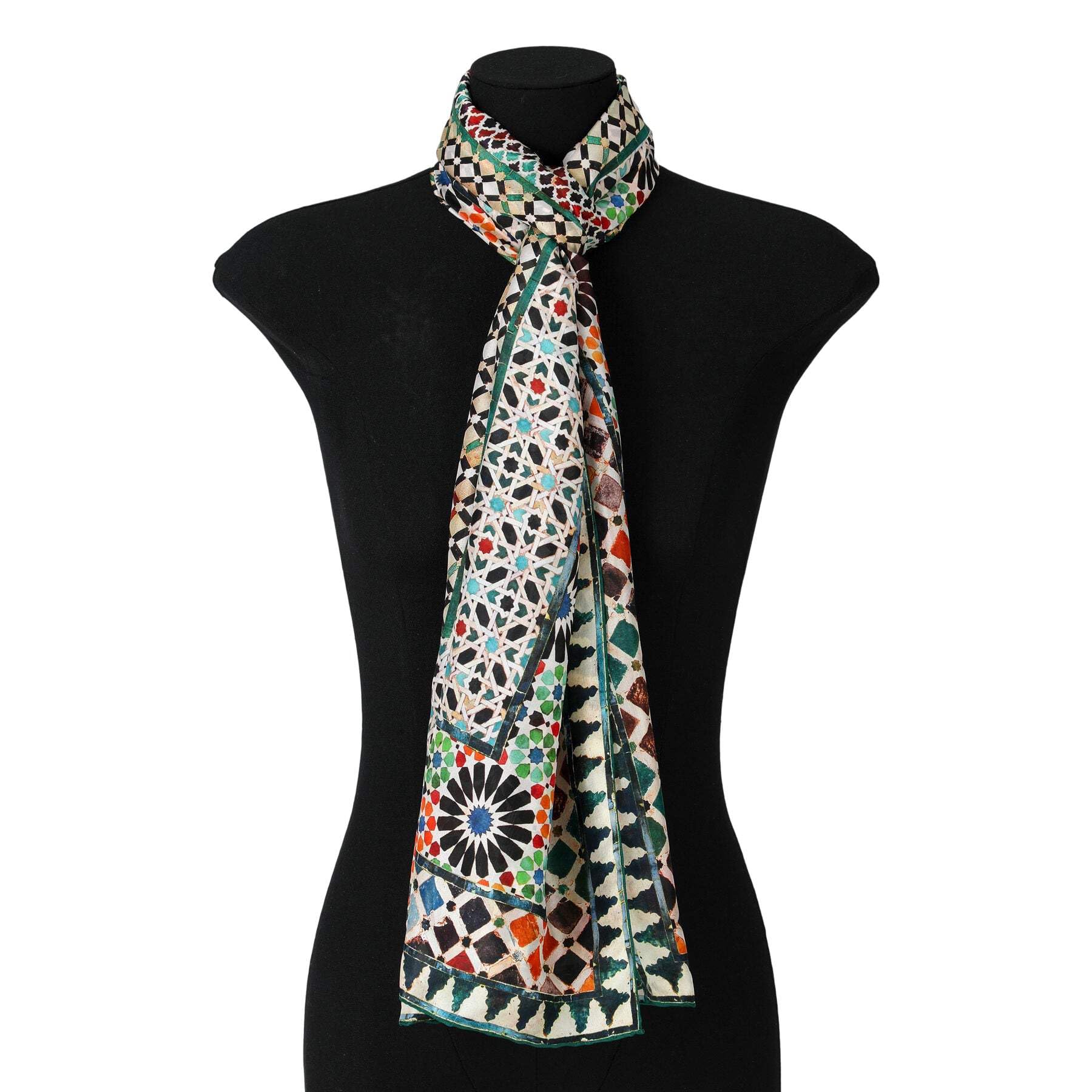 Hamzah Chal de Seda Natural para Mujer – Pañuelo Largo 180x65 cm con Estampado Inspirado en Arte Mudéjar, Accesorio Elegante para Cuello, Hombros o Cabeza, Ideal como Regalo