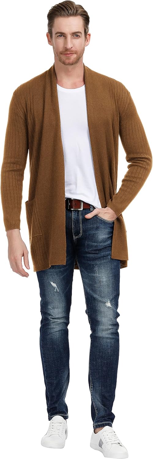 PJ PUAL JONES Men's Shawl Collar Open Front Long Cardigan Ribbed Knit Sweater with Pockets - Image 2