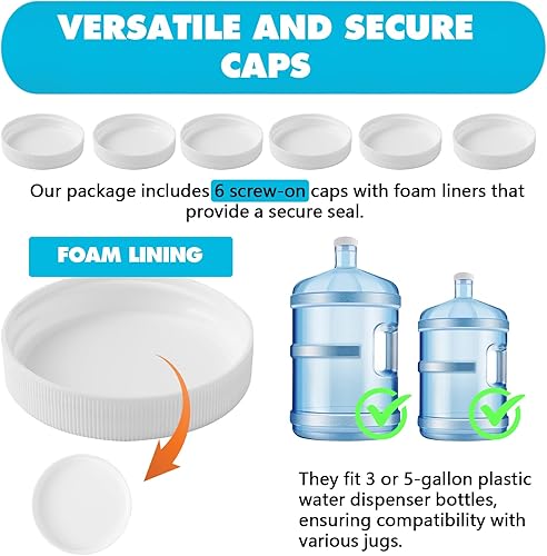 Miniatura 3 de Calvana 6 tapas roscadas blancas de polipropileno de grado alimenticio, buen sellado, tapas de jarra de agua de 3 y 5 galones, tapa de botella de