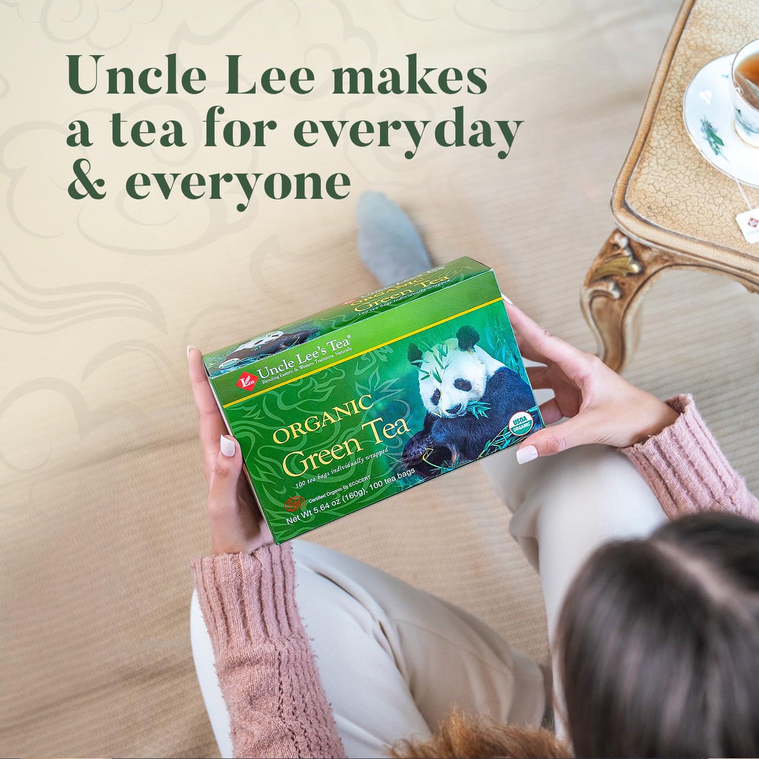 Uncle Lee's Organic Green Tea Bags 4-Pack, 106-Count Super Packs – Bright & Refreshing, Lightly Caffeinated Bulk Tea for Home, Office, Camping