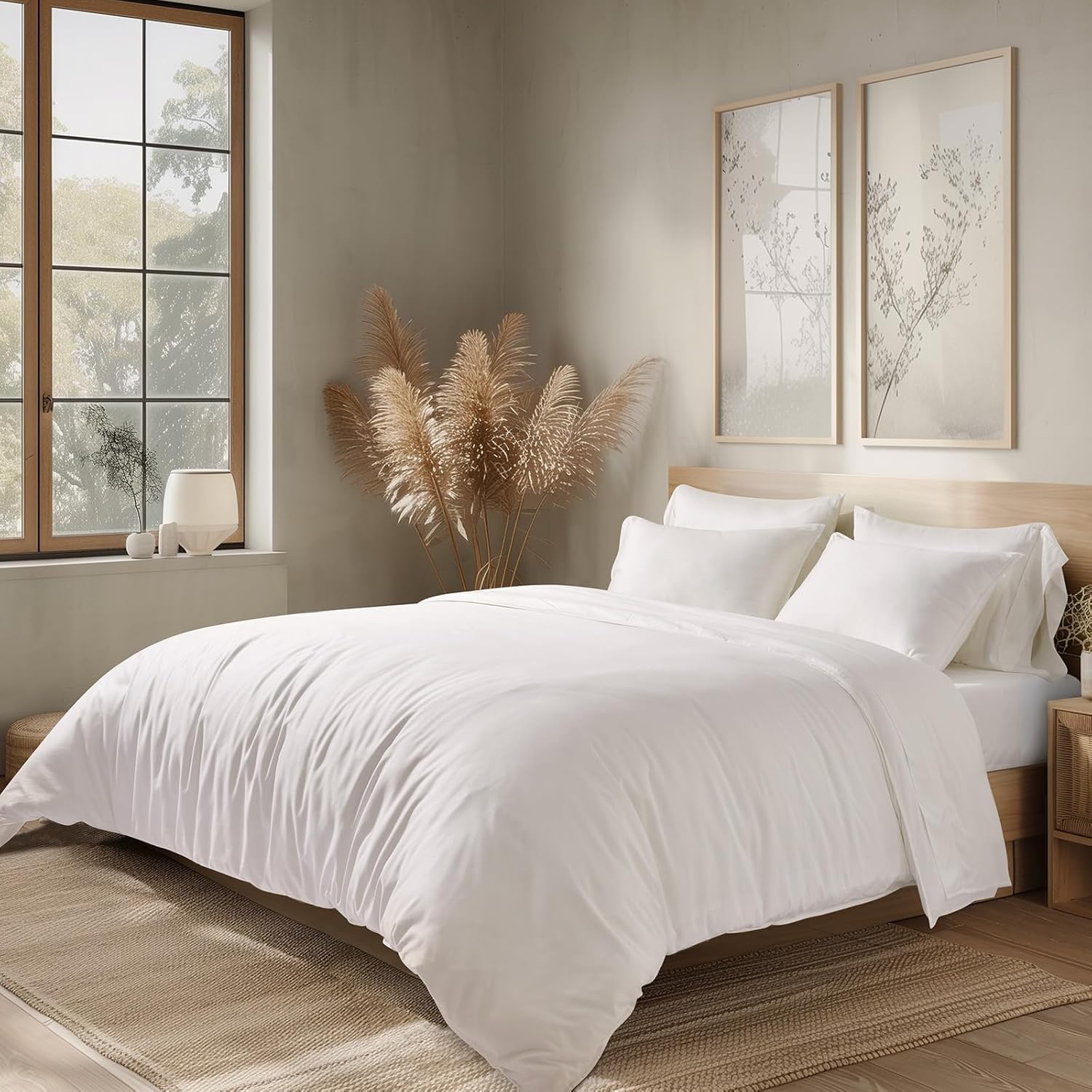 EVERGRACEHOME Cotton Tencel Cooling Duvet Cover Set Queen Size for Hot Sleepers, Luxe Eucalyptus Lyocell Bedding Set, Sateen Weave Comforter Cover 88" x 92" Button Closure & 2 Shams, Bright White