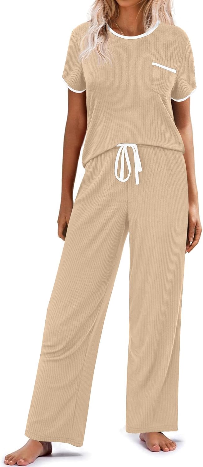 Ekouaer Women Lounge Pajamas Sets Ribbed Knit PJ Short Sleeve and Long Pajama Pant Soft 2 Piece Sleepwear Loungwear Set
