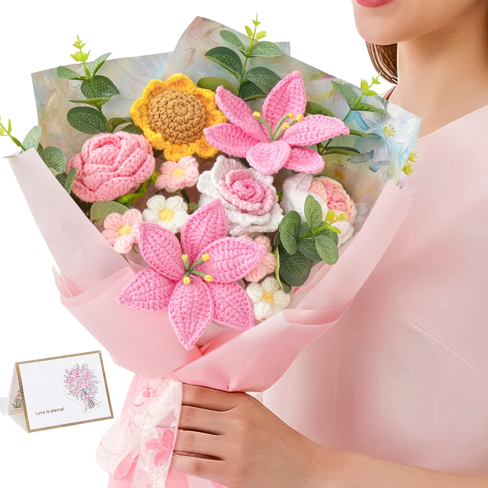 Serwalin Crochet Flower Bouquet, Pink Handmade Knitted Flowers, Lily Sunflower Roses Crochet Flowers for Lover Teacher Anniversary Birthday Party Mother's Day Graduation Gifts-picture-12
