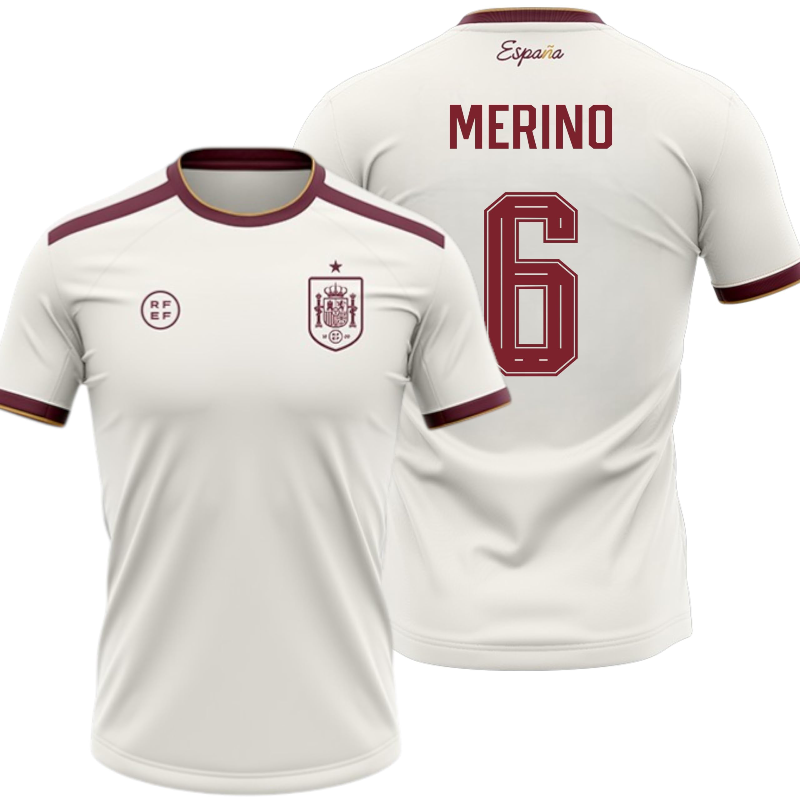 Camiseta España 2026-2028 | Merino 6 Dorsal y Nombre | Color Blanco con Detalles Granate | Manga Corta | Diseño Futbol Aficionados | Tejido Transpirable Deportivo