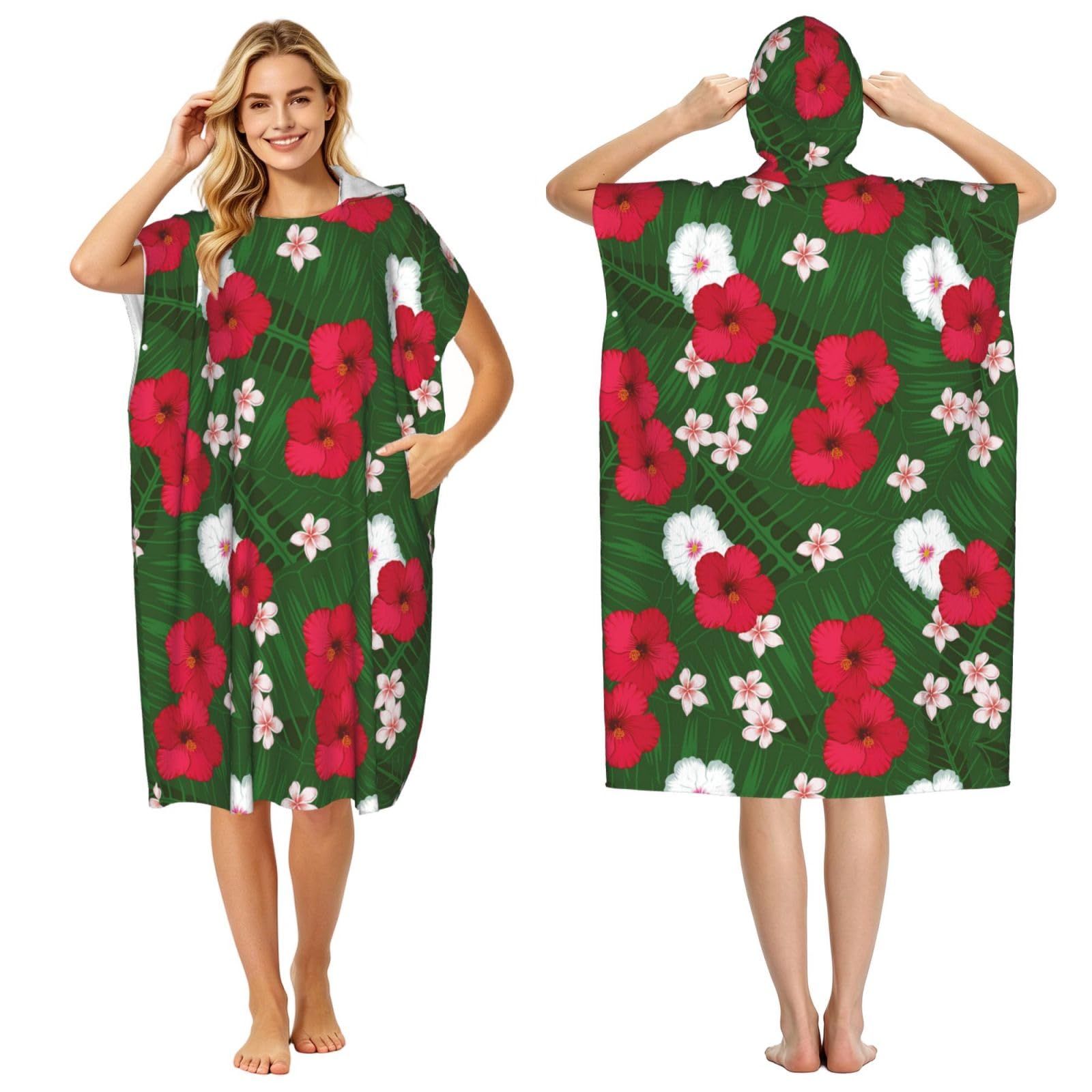 Poadnly Plumeria Hibiscus Green Leaves Background, Adult Hooded Beach Towel 90 x 110 cm,Changing Bath Robe, Surf Poncho Towel For Women Men