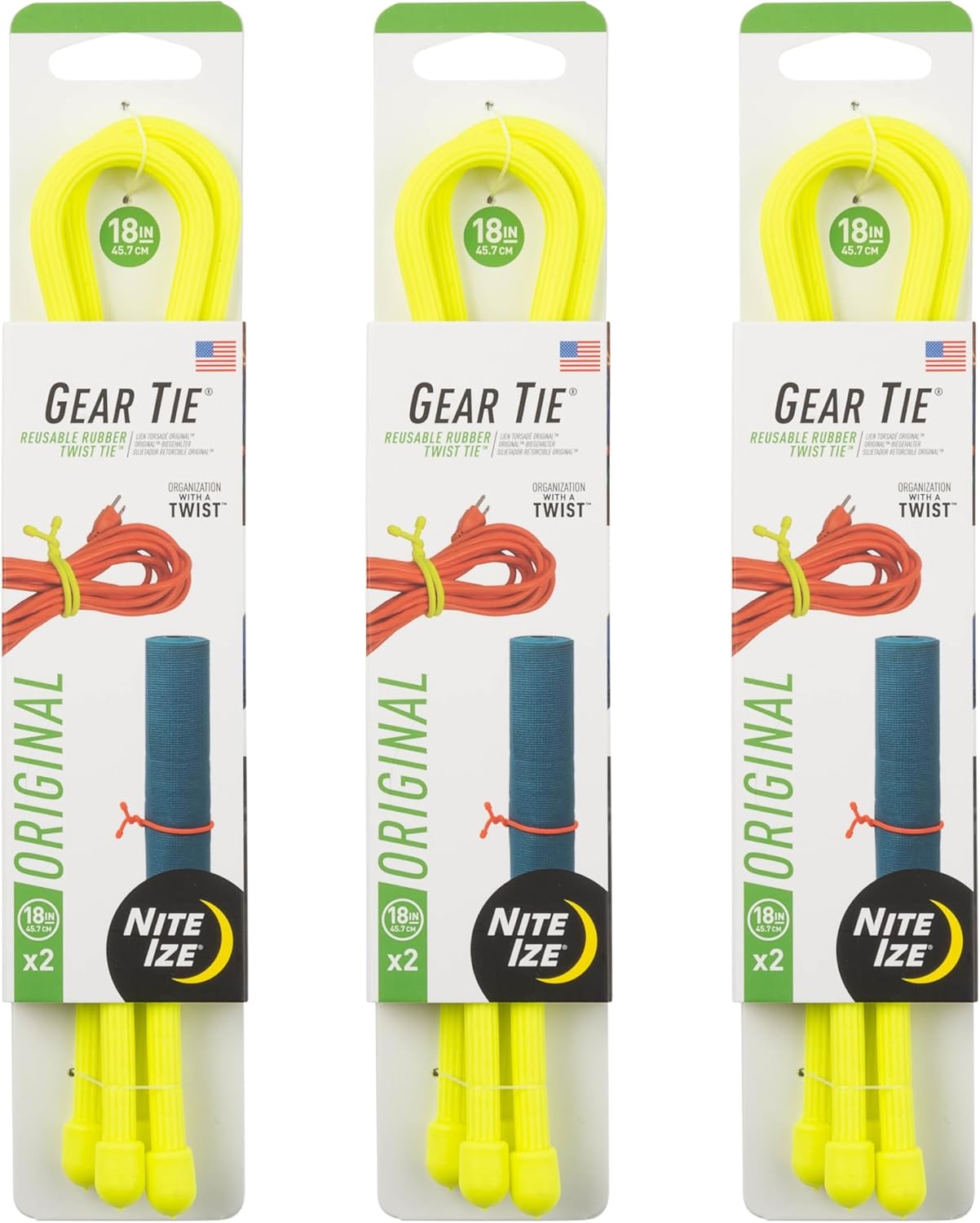 Nite Ize Gear Tie Reusable Rubber Twist Tie - Bendable Rubber Ties for Indoor & Outdoor Use - Reusable Multipurpose Twist Ties for Organizing & More - 18", Neon Yellow (3 Pack)