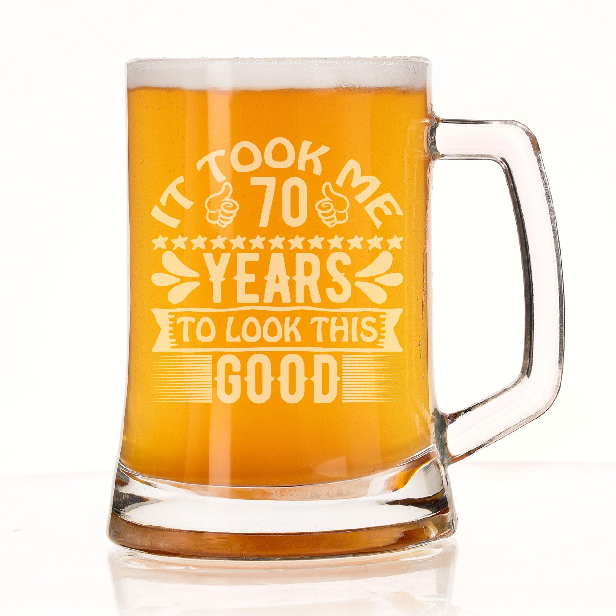 70th Birthday Beer Stein Gift for Him or Her - Engraved Glass Beer Mug Present 500ml - Funny Birthday Years to Look This Good Keepsake