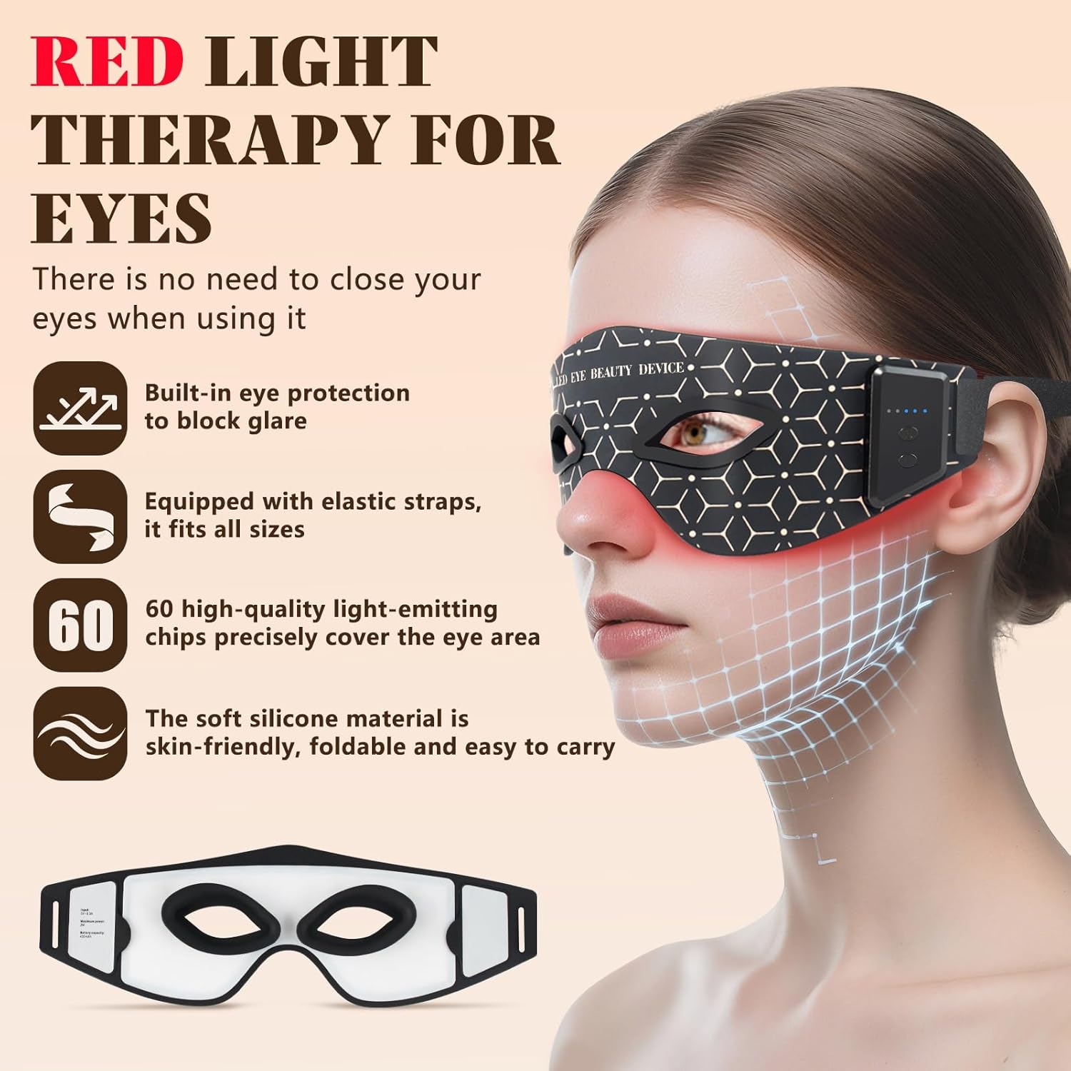 Red Light Eye Mask, 5 Modes Adjustable LED Red Light Therapy for Eyes, Under Eye Red Light Therapy Device for Relieve Eye Bags, Dark Circles and Puffiness, Smoothing Fine Lines - Image 4