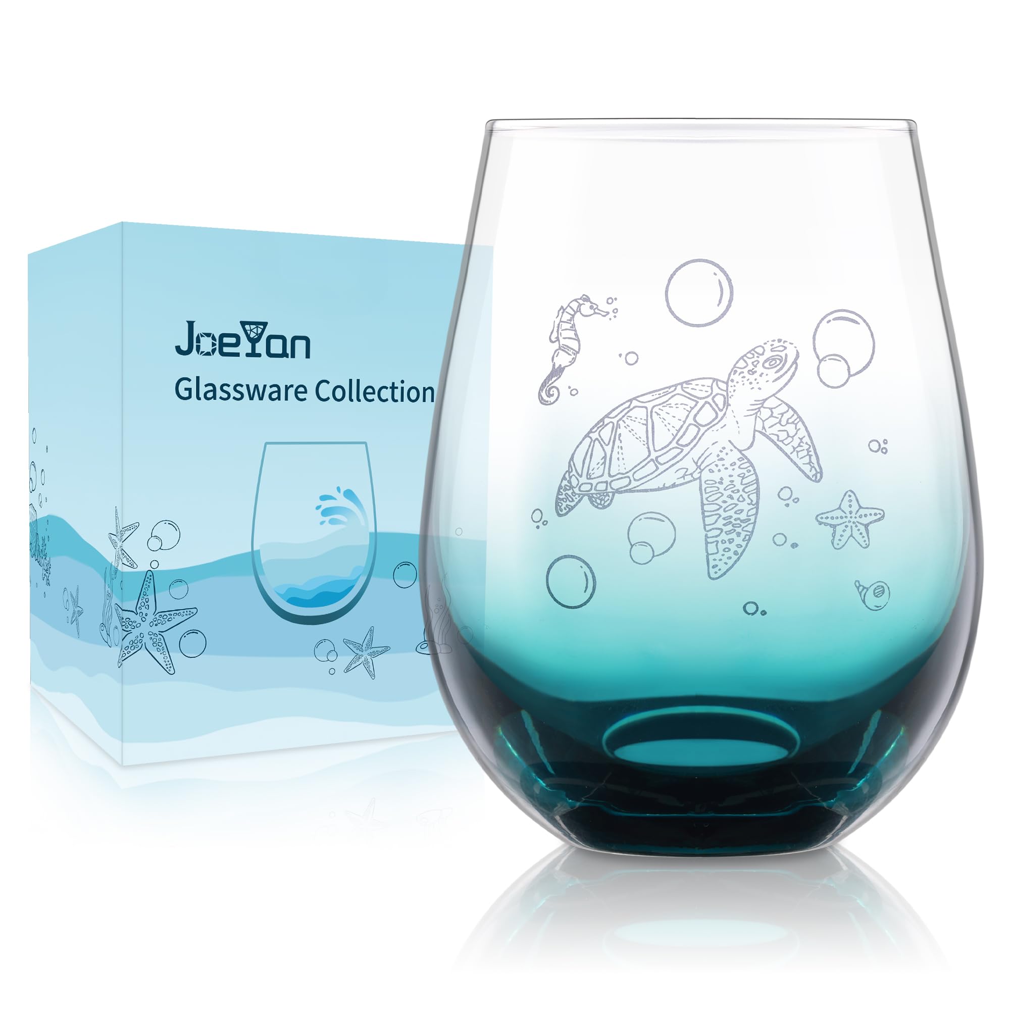 Joeyan 520ml Etched Stemless Wine Glasses, Ocean Sea Animal Theme Wine Cocktail Glasses with Turtles Pattern,Romantic Gift for Birthday Valentine Anniversary,Party Decroated Glassware