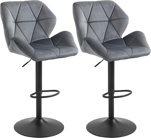 HOMCOM Bar Stools Set Of 2, Luxurious Velvet-Touch Barstools w/Metal Frame Footrest Round Base Triangle Indenting Moulded Seat Adjustable Height Swivel Grey