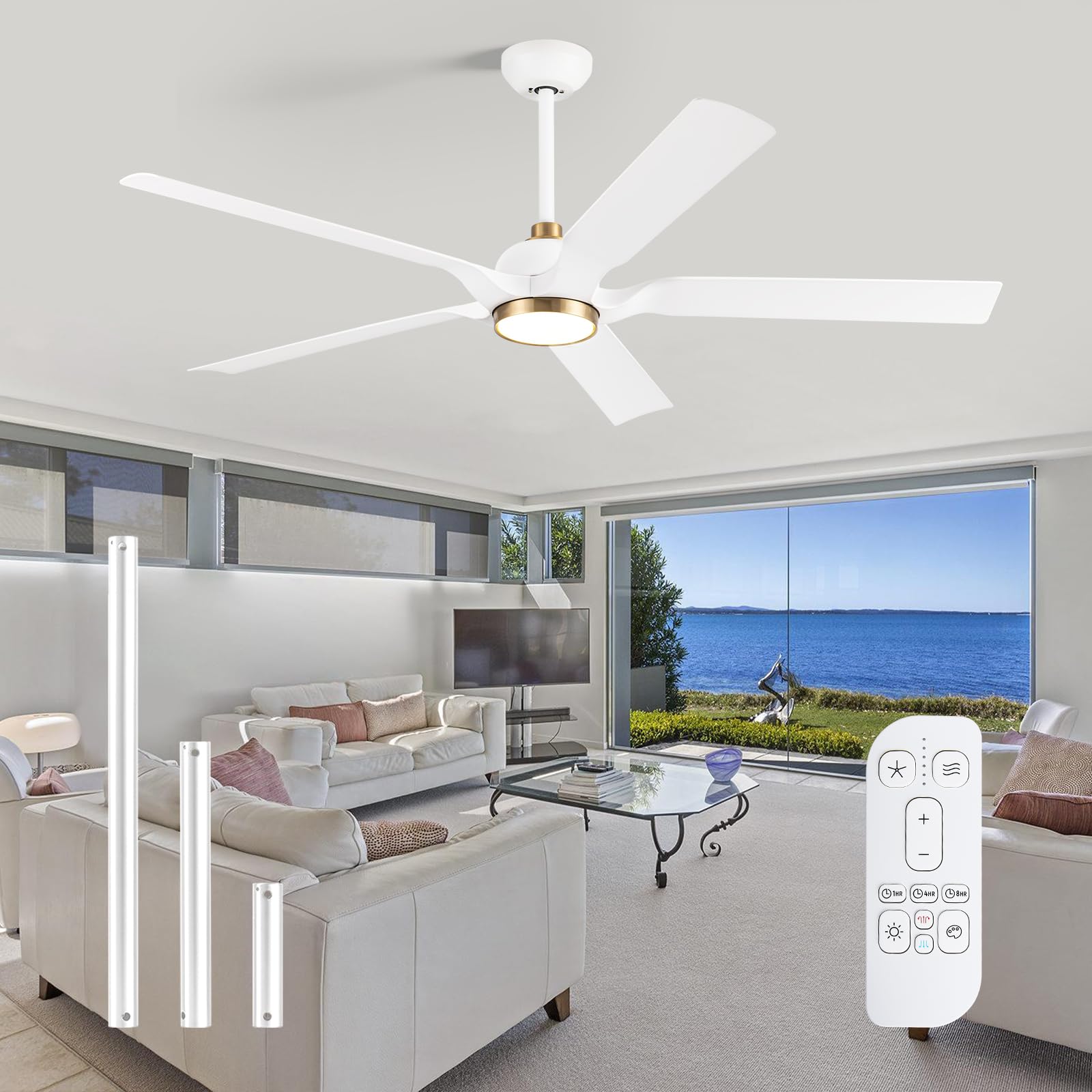 Uaikiea 60 Inch White Ceiling Fan with Light and Remote, Outdoor Ceiling Fan, 5 Blades 8299 High CFM DC Motor, for Bedroom Farmhouse Gazebo Commercial