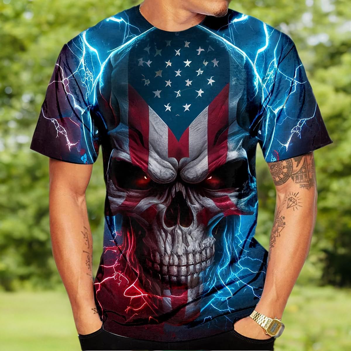 LAOLIUSN Men's Lightning Skull T-Shirt Patriotic Theme Tee American Flag Graphic Top - Image 6