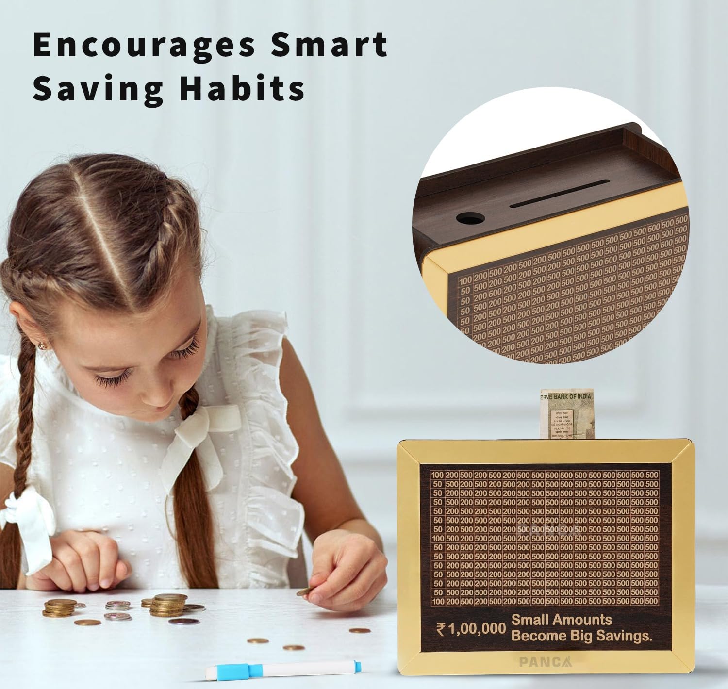 PANCA Wooden Piggy Bank with Pen Money Saving Box for Kids & Adults, Coin Savings Box Wooden Coin Box, Money Saver, Piggy Bank with Numbers Rupees Savings Box 2