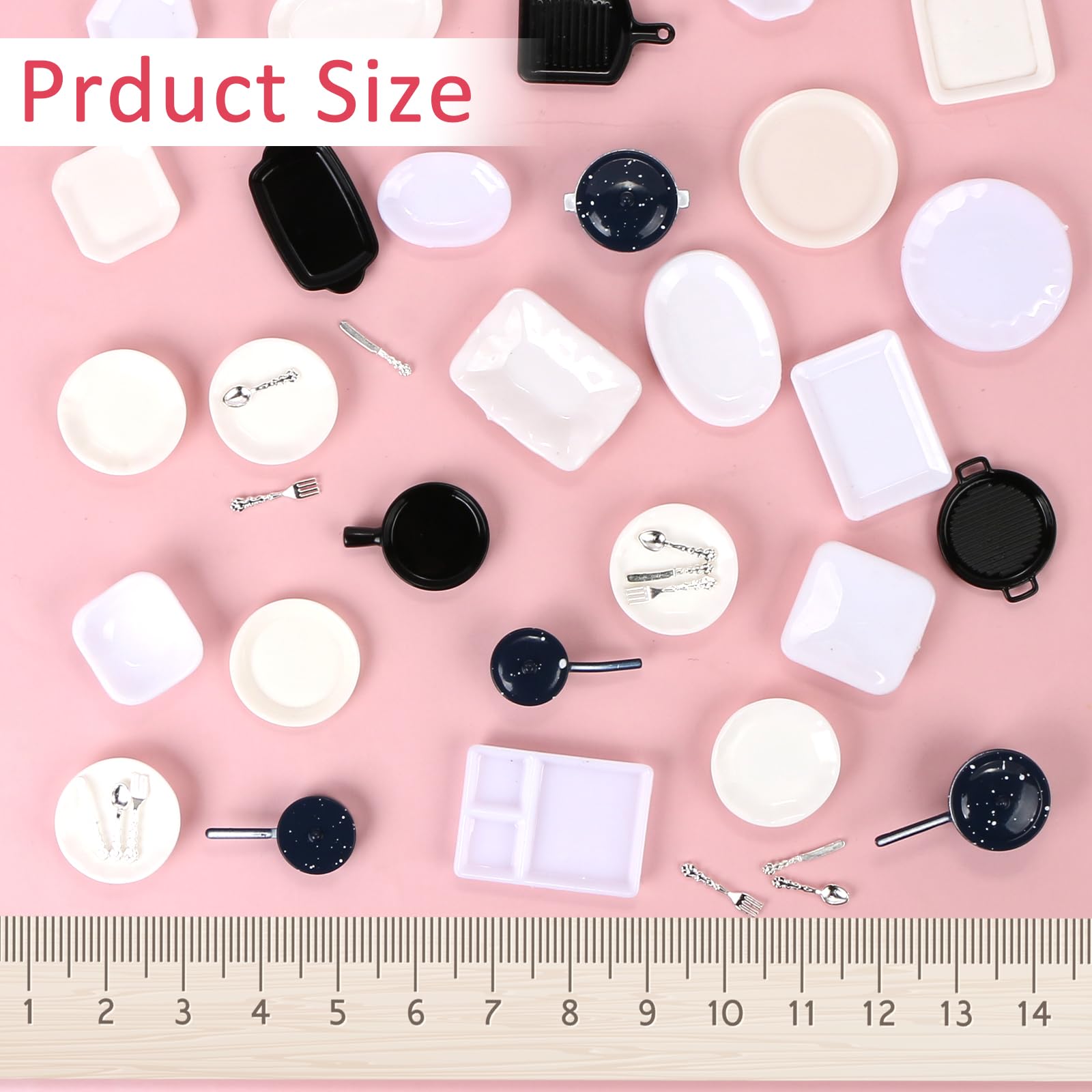 44 Pieces Miniatures Dollhouse Accessories Miniature Kitchen Set Metal Miniature Baking Set and Plastic Mini Plates for Dollhouse Role Play Party Decoration Supplies - Image 2