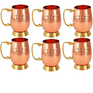 KBB Copper Mug Hammered Design (Brass Bottom, Pack of 6)