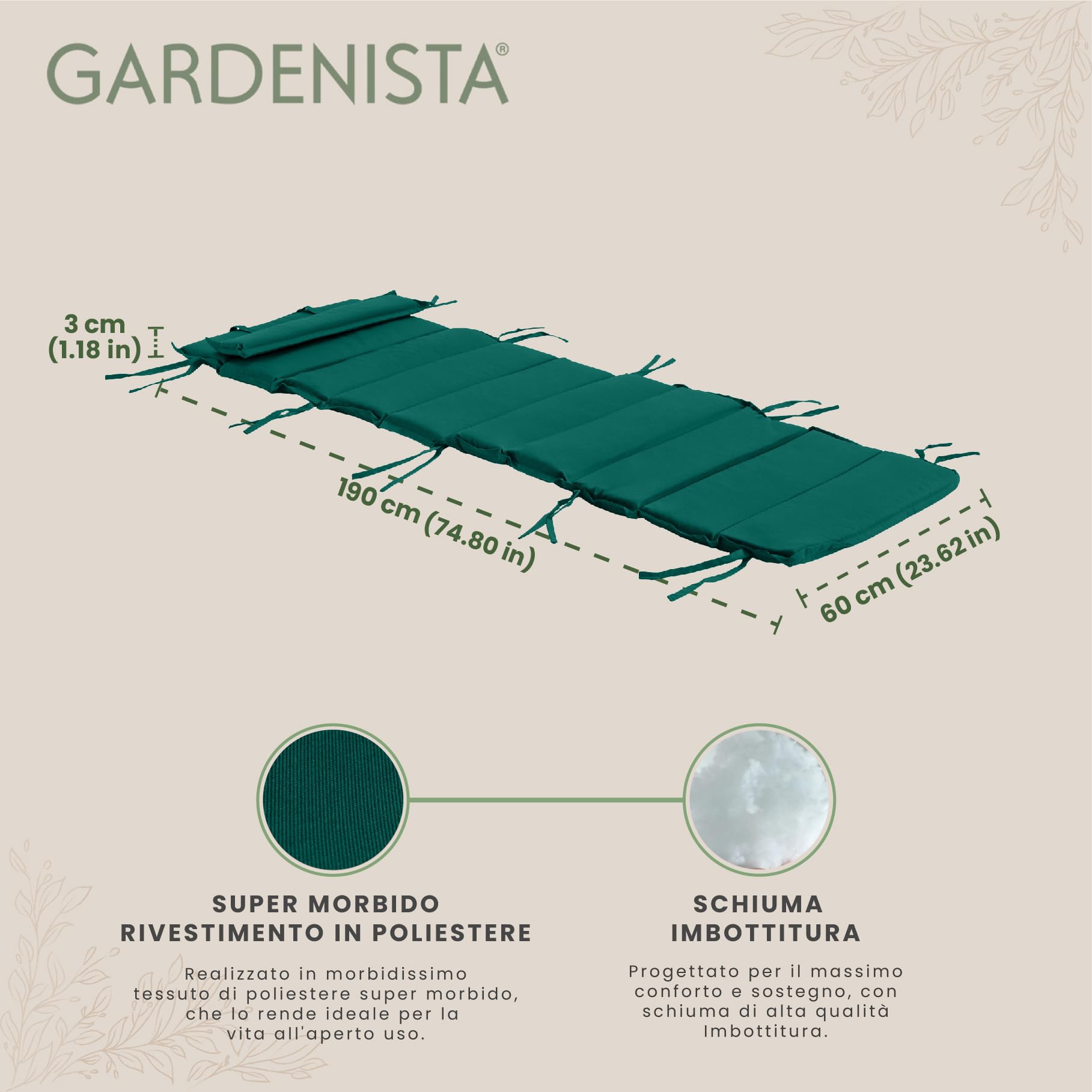 Gardenista Cuscino per Sedie a Sdraio per Giardino | Cuscino per Lettino Pieghevole e Resistente all'acqua con Poggiatesta Staccabile | Leggero Cuscini per Sdraio con Legami Sicuri (Verde)