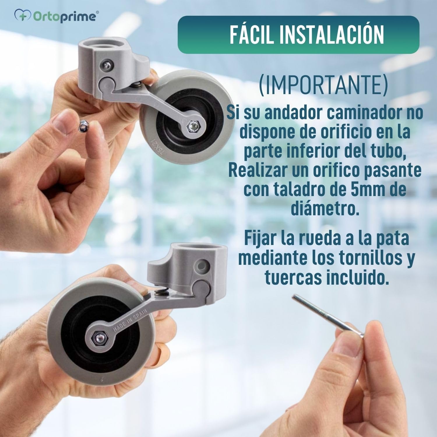 OrtoPrime Kit x2 RUEDAS Andadores Ancianos - Ruedas Traseras Adaptables a Andadores de Adultos - Casquillos Compatibles Tubo de 30mm 25mm y 22mm - Freno a la Carga por Presión y Fácil Instalación