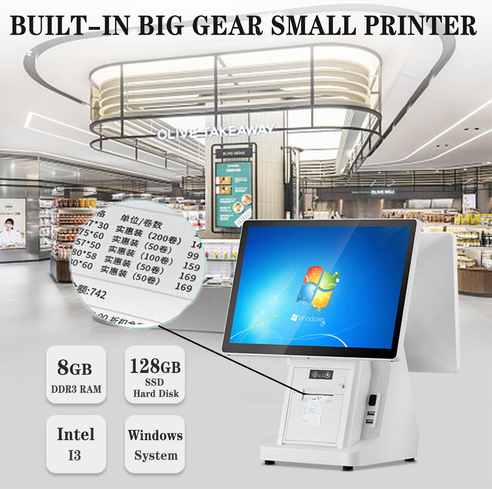 Caisse Enregistreuse Intelligente, Caisse Enregistreuse Pos avec 15.6" Double écran Tactile, Imprimante 58mm Intégrée, 8 Go de RAM, SSD 128 Go, Système Caisses Pos pour Petites Entreprises