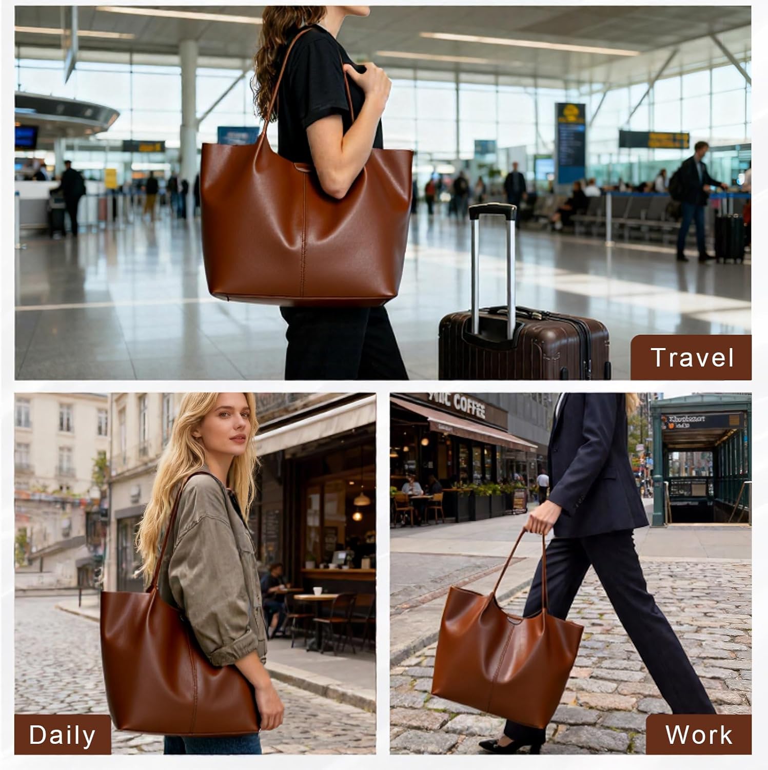 Tote Bag For Women Large Capacity Soft Leather Purse With Interior Pouch Multi-Use For Daily Commute Work Travel