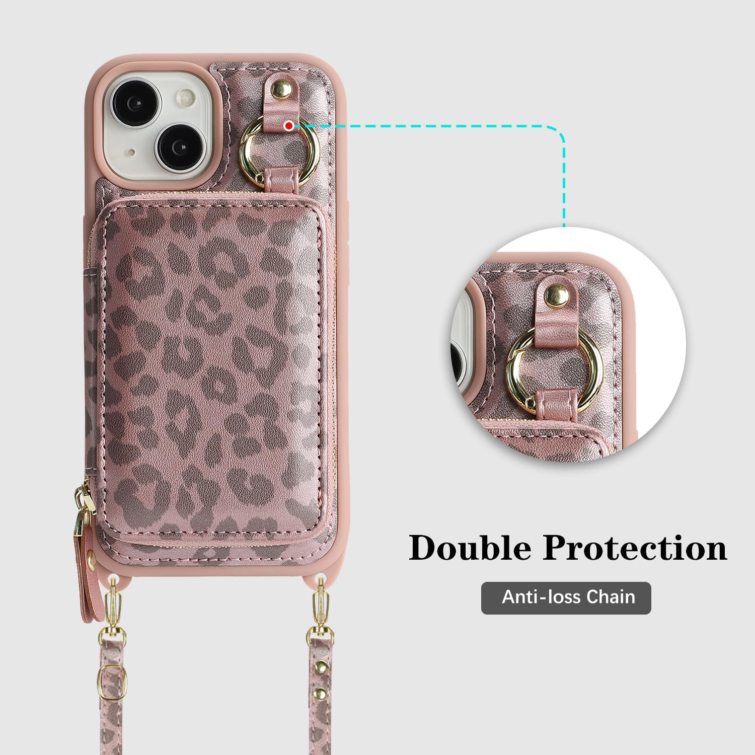 Cavor for iPhone 13 Wallet Case with Card Holder for Women Men, for iPhone 13 Case with Strap, Crossbody Lanyard Phone Case, Magnetic Detachable Compatible with Magsafe-Rose Gold Leopard