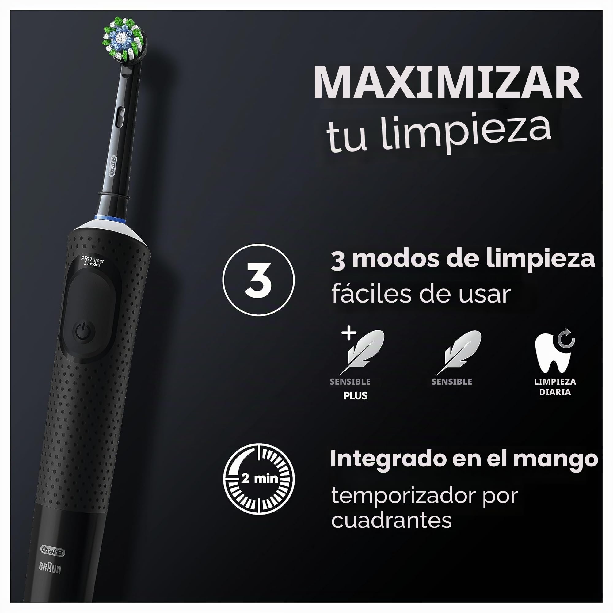 Oral-B Vitality Pro - Cepillo de dientes eléctrico, 1 mango, 2 cabezales de cepillo de dientes, 3 modos de cepillado incluyendo Sensitive Plus, enchufe británico de 2 pines, color negro