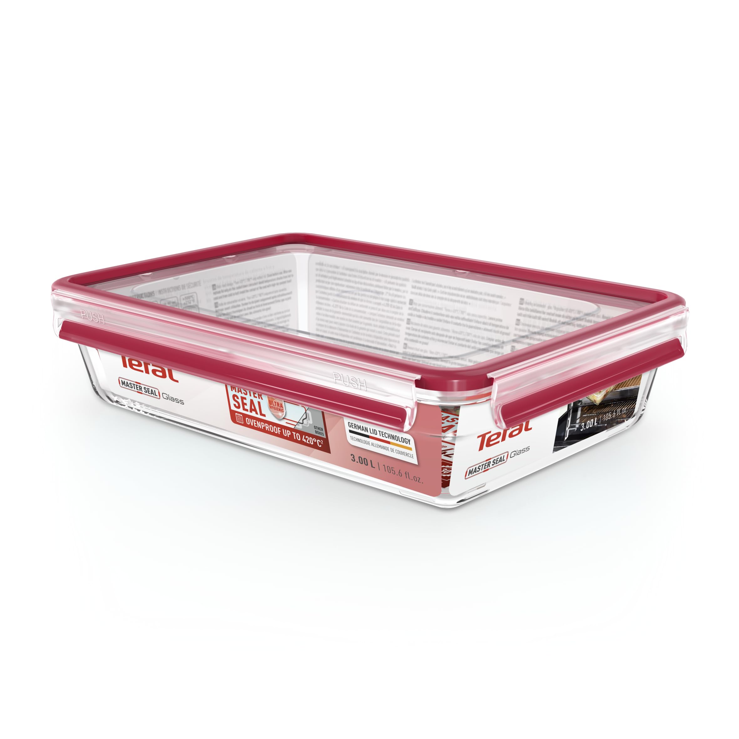 Tefal Masterseal Fresh Boîte alimentaire rectangulaire 3 L en verre, Transparent, Conservation des aliments, Empilable, hermétique, Compatible four et congélateur N1041210