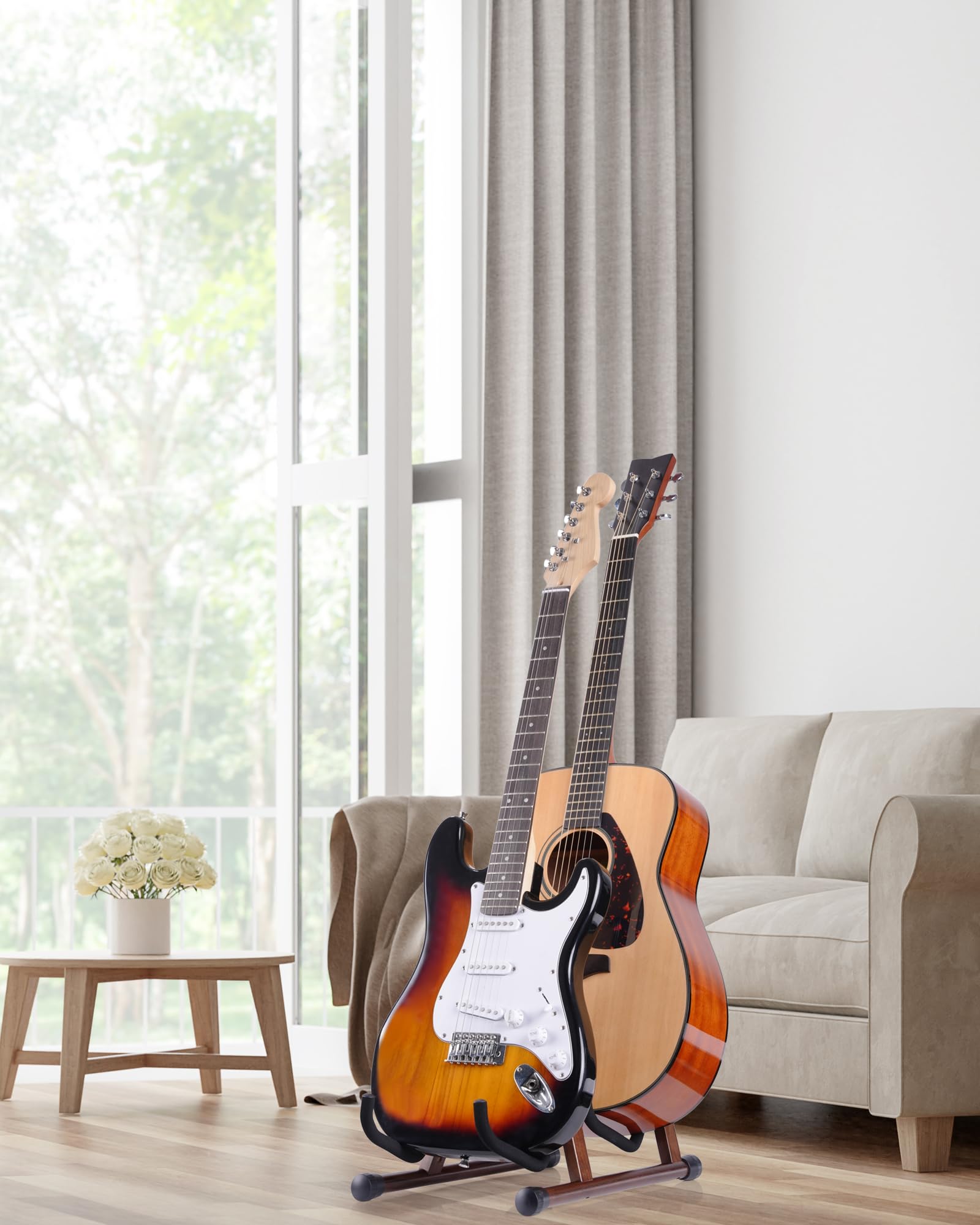 Doppio supporto per chitarra a forma di A per 2 chitarre (acustica/basso elettrico/banjo) con imbottitura in schiuma – forte supporto per pavimento per studio e casa