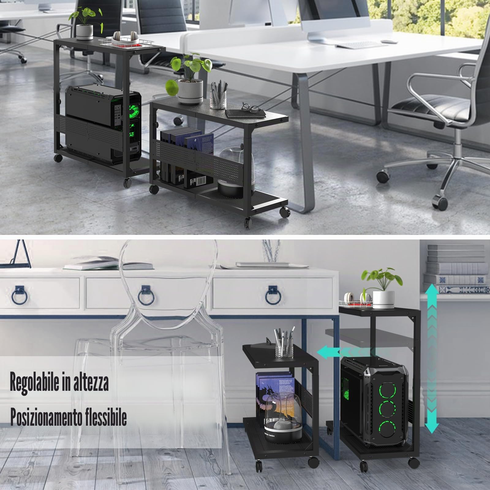 Moricher Supporto a torre per computer, regolabile in altezza, a 2 livelli, ATX, supporto per stampante da pavimento, con ruote girevoli e tappetino per mouse, accessori da gioco per casa e ufficio