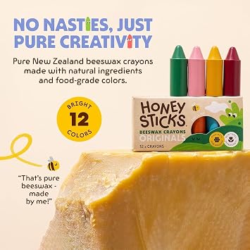 Honeysticks 100% Pure Beeswax Crayons (12 Pack) - for Baby 1+, Toddlers 1-3 | Non-Toxic Crayons for Toddlers 1-3, Safe for Baby from 1 Year Old Plus, Natural Beeswax and Food-Grade Colors, Easy Grip, Eco