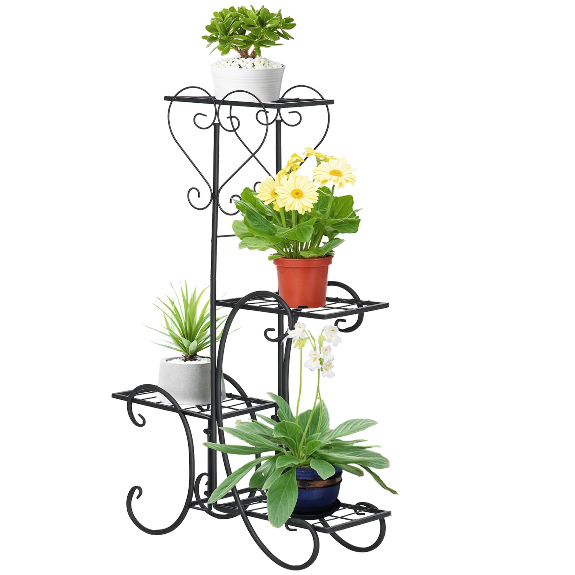 Outsunny Blumenständer 4 Ebenen Pflanzenregal Outdoor 45x24,5x80 cm | Blumenregal aus Metall, Blumentreppe, Innen & Außen, Garten, Balkon, Schwarz