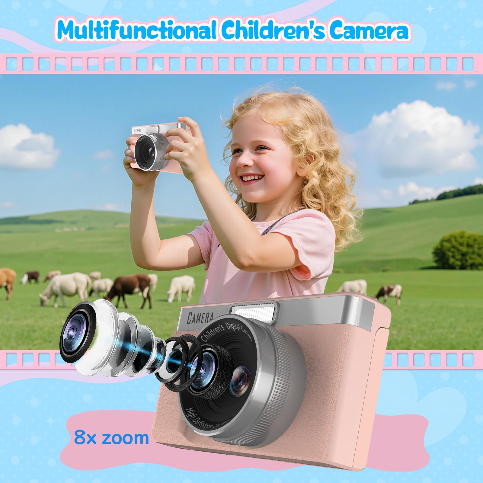 Appareil Photo Enfant Écran Inversable 180°, Carte Mémoire 32GB, Appareil Photo Numérique 1080P HD, Jeux Éducatifs Intégrés, Digital Camera Enfants, Garçons Filles(Rose)