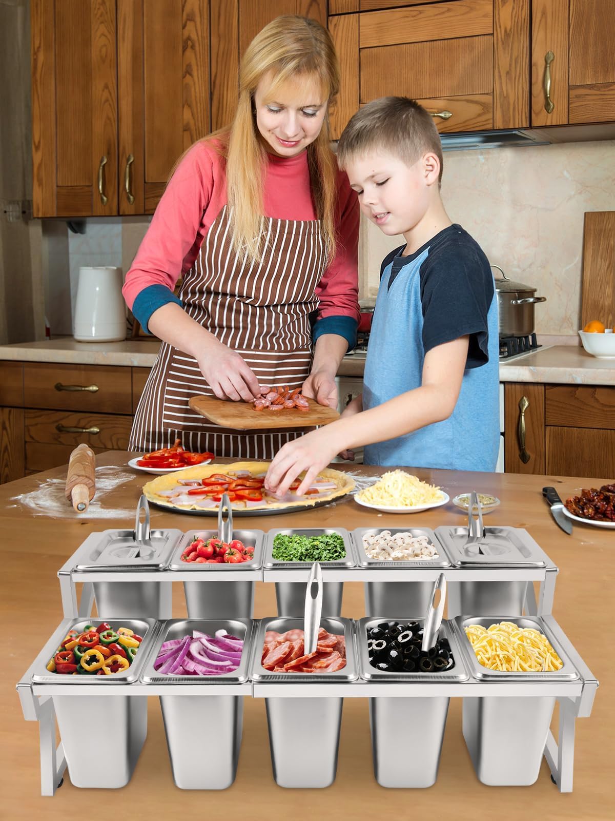 TOROKOM Station de stockage pour garnitures de pizza à 10 bacs, contenants à condiments ajustables en acier inoxydable sur 2 rangées avec couvercles, cuillères, présentoir à glaçons, contenants pour