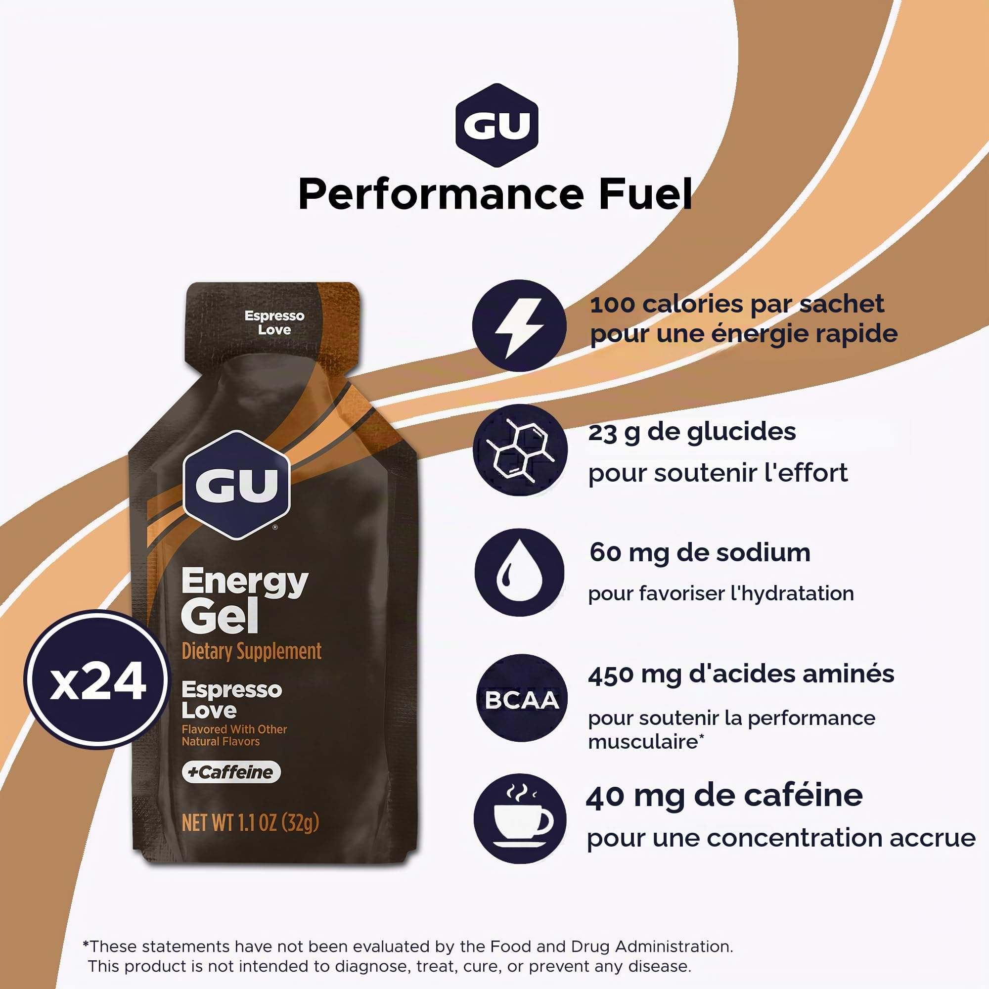 GU ENERGY GEL - Café - Boîte de 24 gels - Gel énergétique - Sodium - BCAA - Idéal pendant l'effort 100Kcal