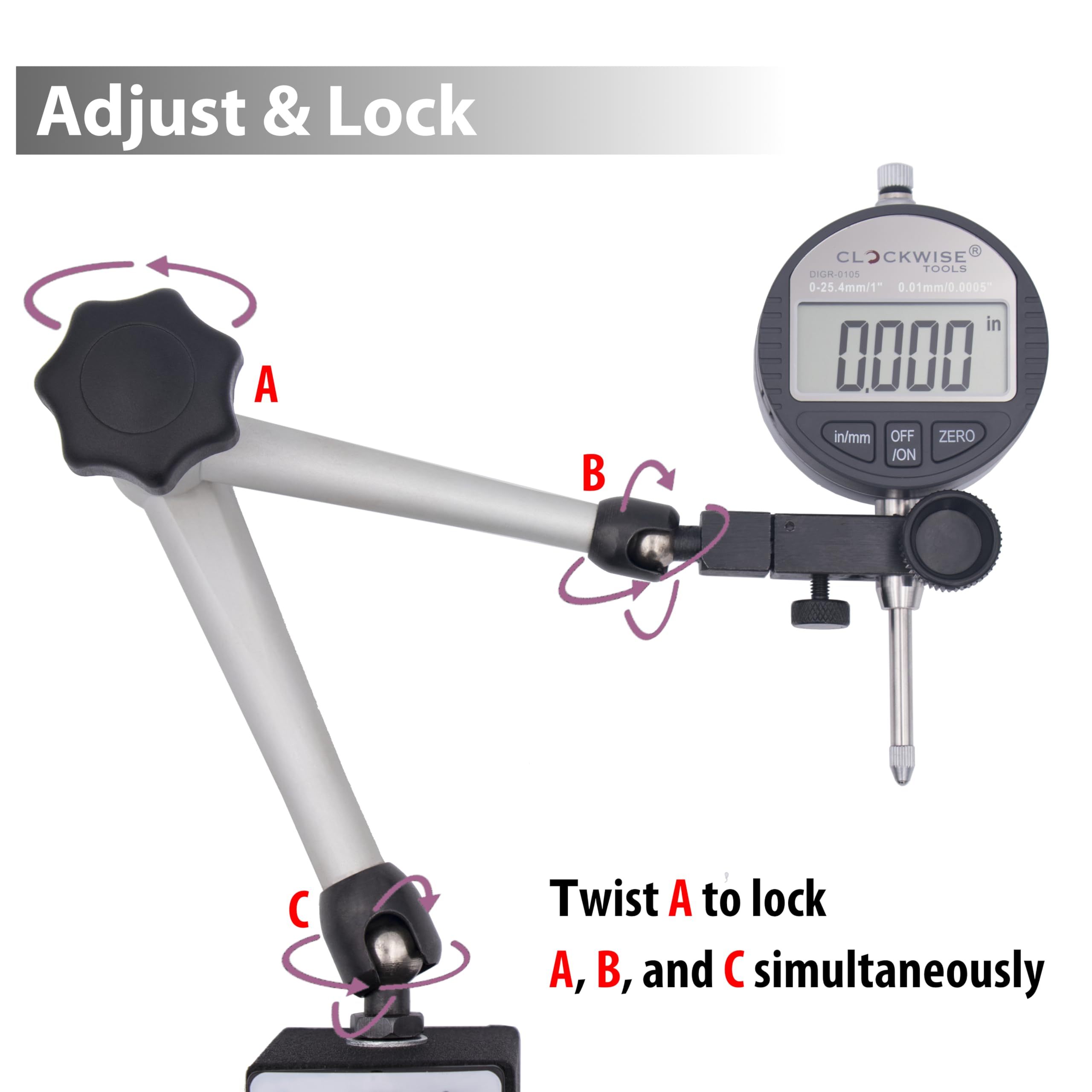 Clockwise Tools DIBR-0105 Electronic Digital Dial Indicator Gage Gauge and Magnetic Base (0-1in/25.4mm)