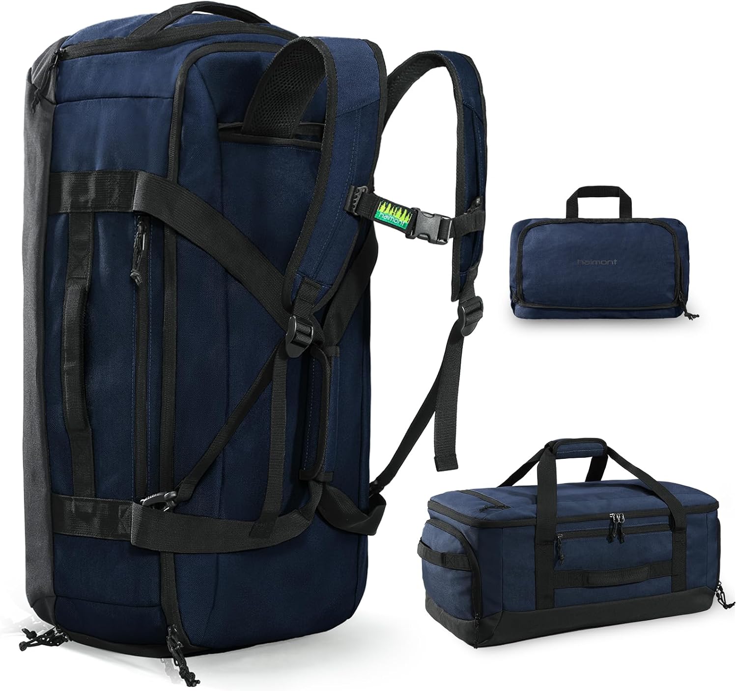 Haimont 55L Large Duffel Bag Backpack for Men Women, Travel Bag with Shoes Compartment, Convertible Duffel Backpack, Sports, Camping, Overnight, Water-Resistant, Navy Blue