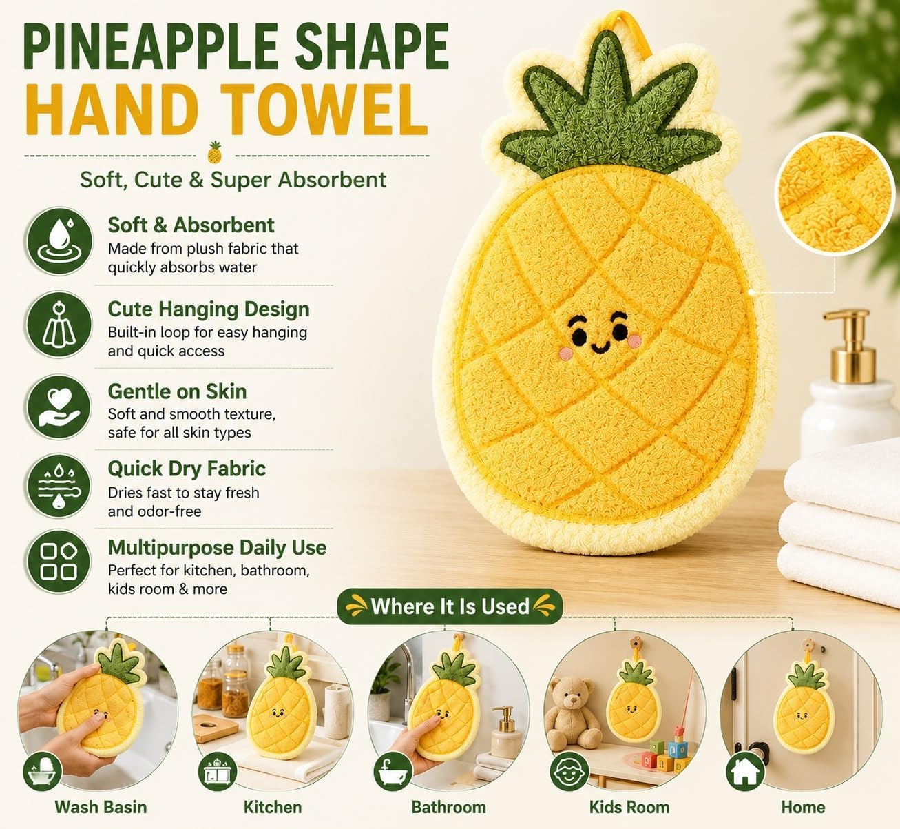 Cute Pineapple Hand Towel - Soft Coral Fleece -2