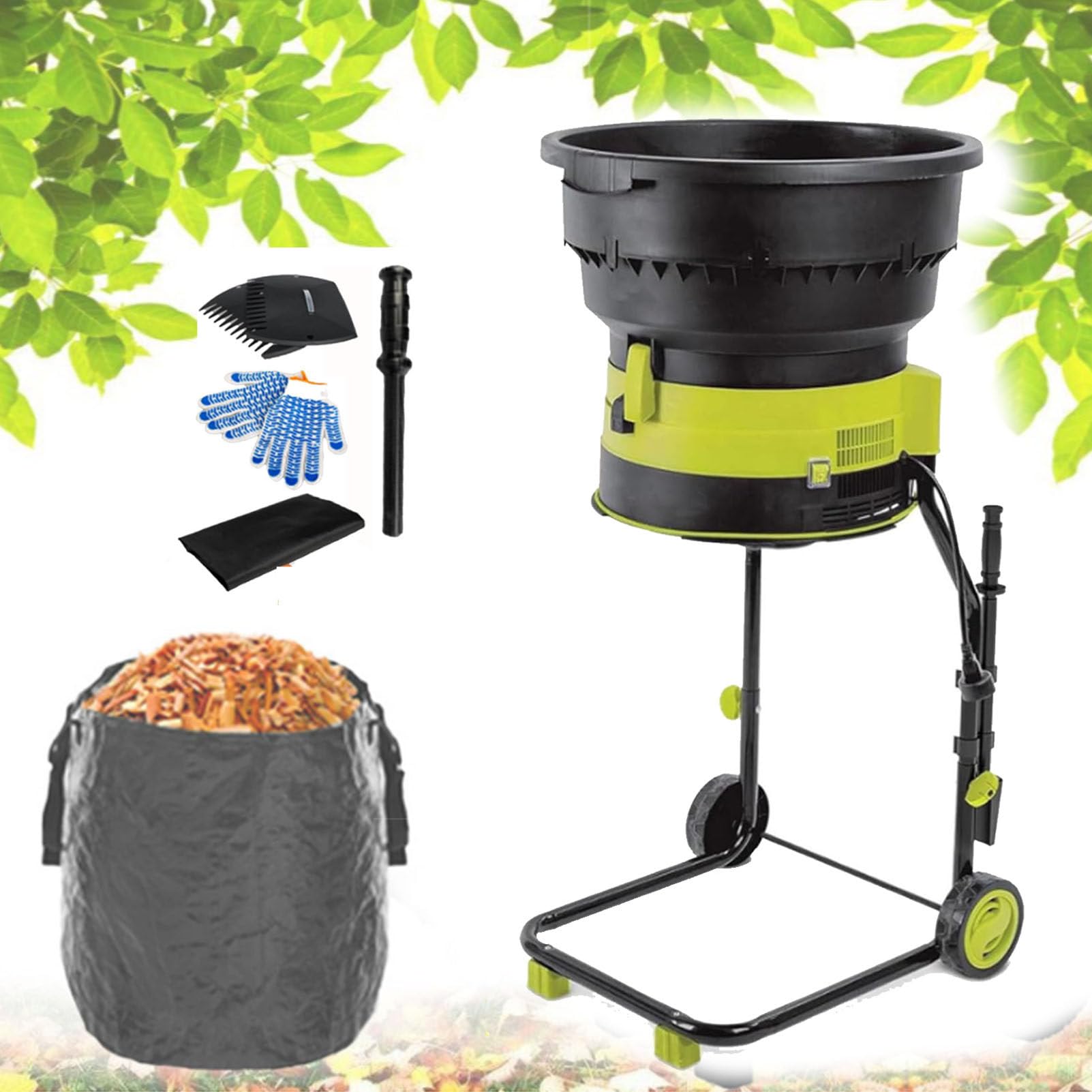 Trituradora de hojas eléctrica para jardín, trituradora de abono de 2500 W, trituradora de hojas con ruedas, rastrillo de hojas, bolsa de almacenamiento, trituradoras de 8000 rpm ,50m-Power-Cord