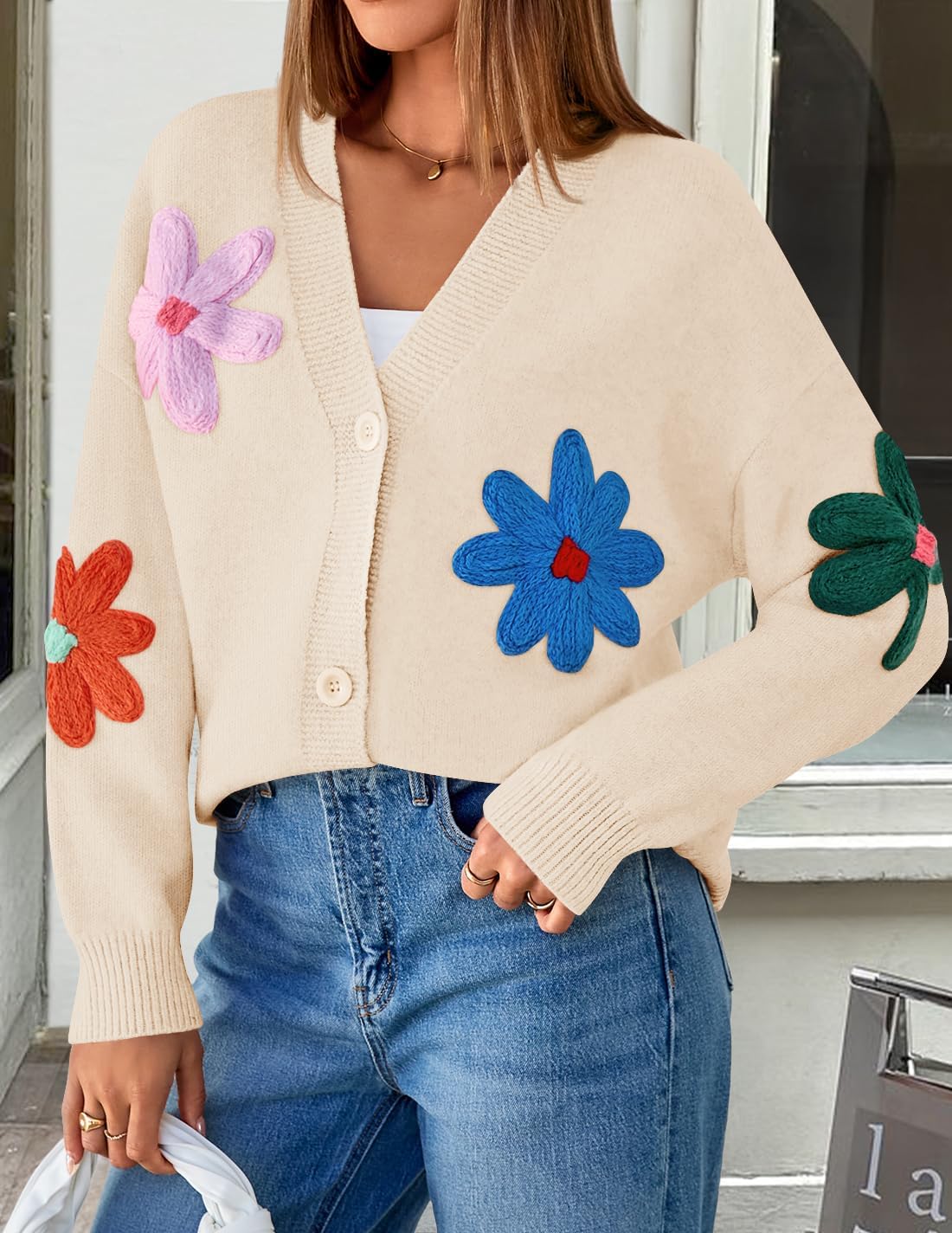 ZESICA Womens 2026 Spring Floral Cardigan Sweaters Casual Long Sleeve Open Front Button Down V Neck Knit Sweater - Image 4