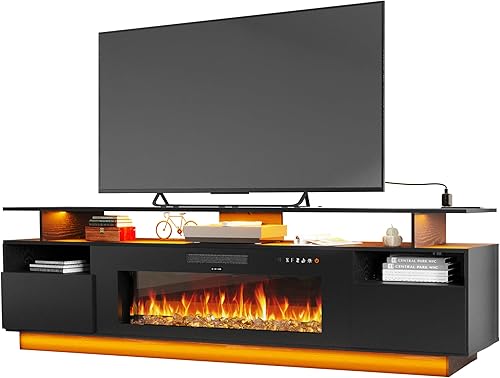 Soporte de TV con chimenea de 70 pulgadas con chimenea eléctrica de 36 pulgadas, centro de entretenimiento con estación de carga y consola de luz