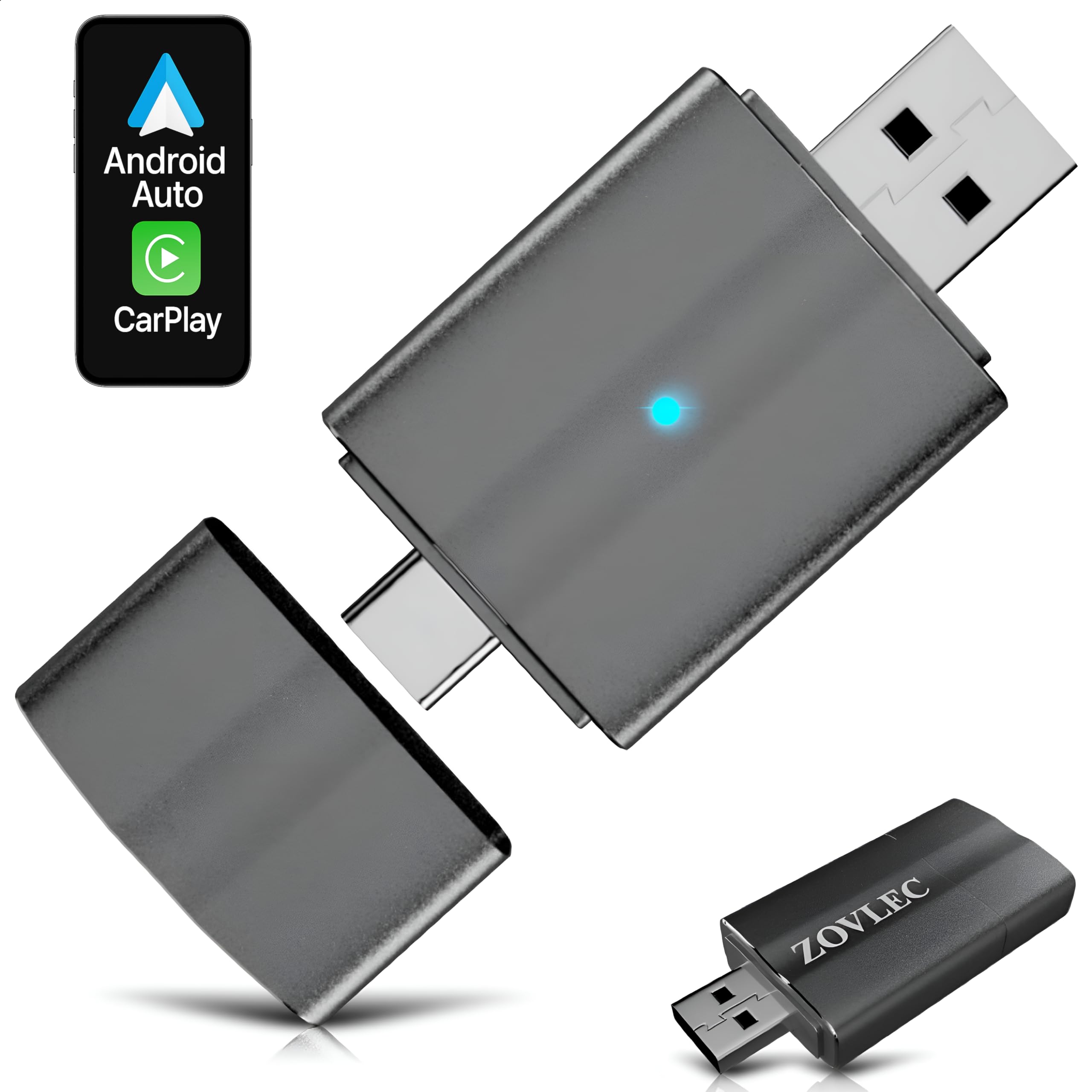 Wireless Android Auto & CarPlay Adapter, Plug & Play USB-A/USB-C Dongle, Fast Auto Connect, No App Needed, for Cars with Wired CarPlay, Android Auto